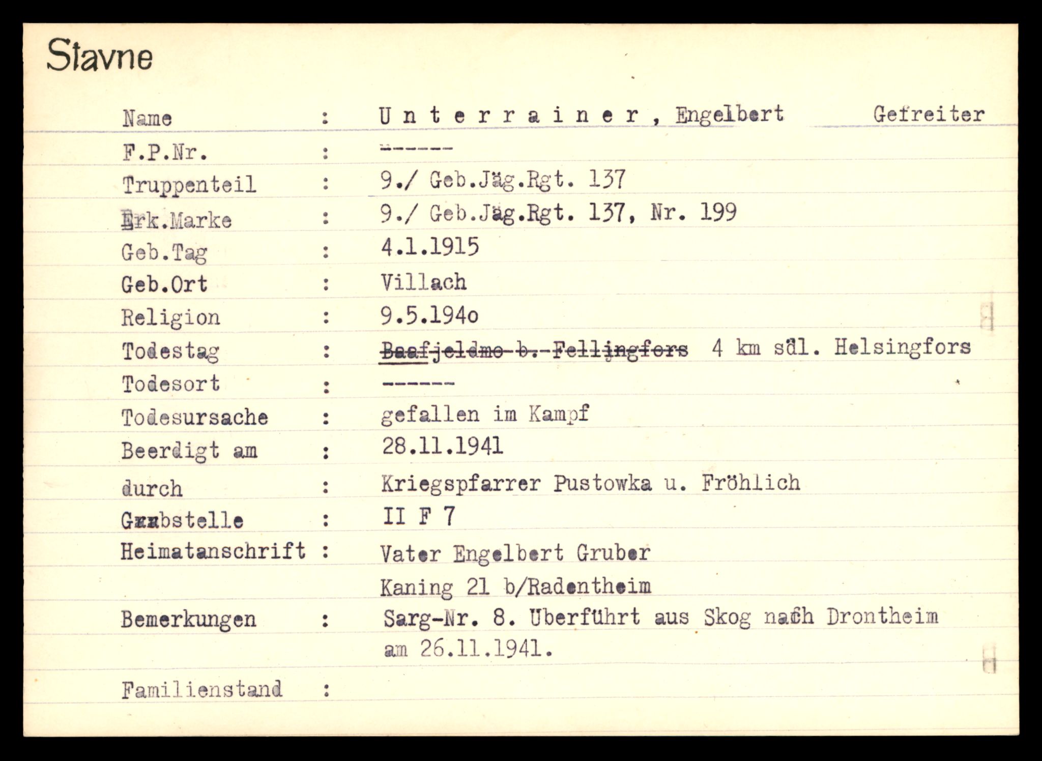 Distriktskontoret for krigsgraver, SAT/A-5030/E/L0003: Kasett/kartotek over tysk Krigskirkegård Stavne, 1945, s. 1427