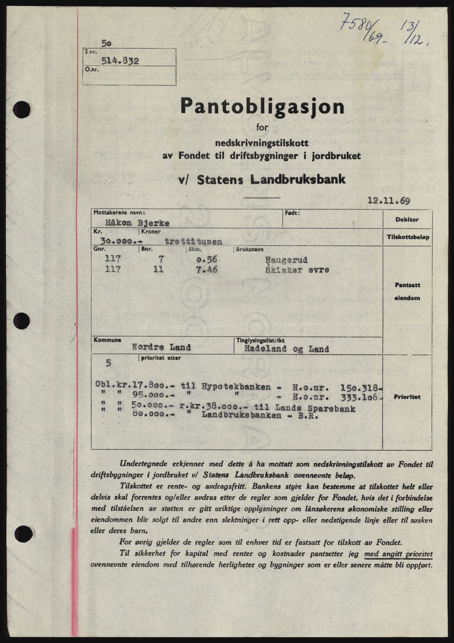 Hadeland og Land tingrett, SAH/TING-010/H/Hb/Hbc/L0075: Pantebok nr. B75, 1969-1969, Dagboknr: 7580/1969