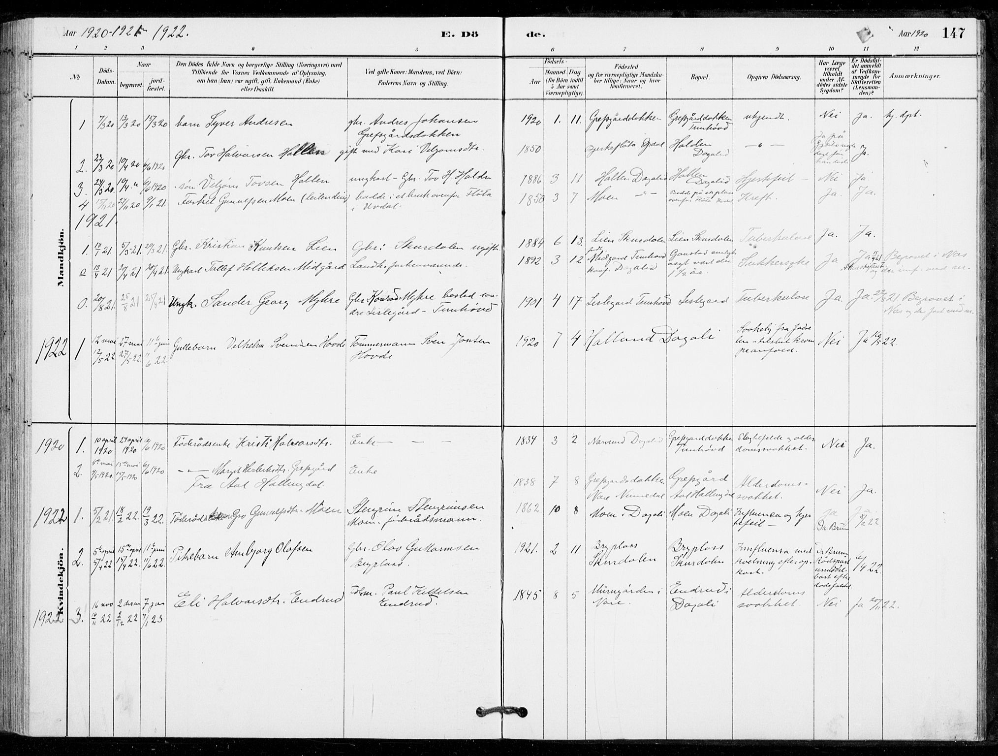 Nore kirkebøker, AV/SAKO-A-238/G/Gc/L0003: Klokkerbok nr. III 3, 1881-1941, s. 147