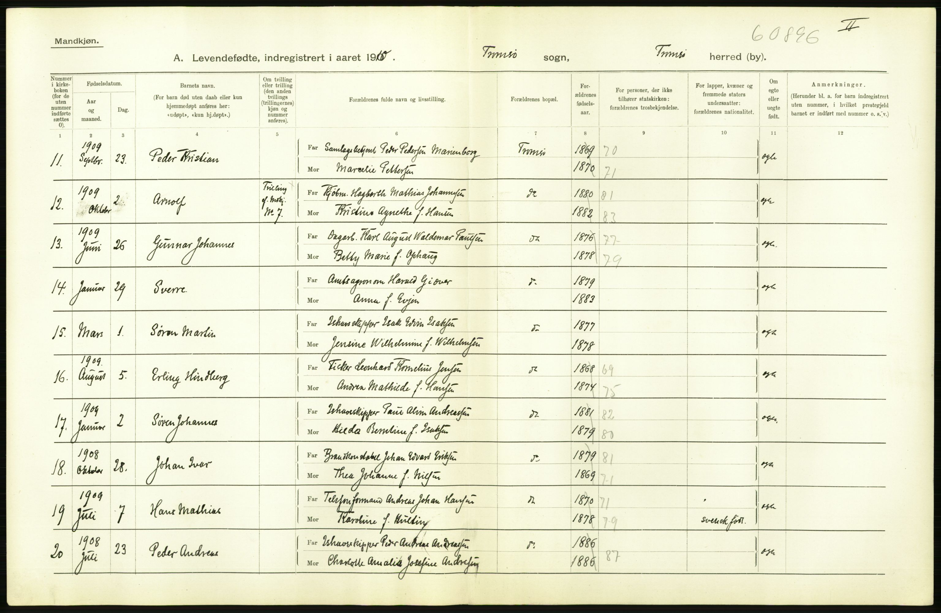 Statistisk sentralbyrå, Sosiodemografiske emner, Befolkning, AV/RA-S-2228/D/Df/Dfa/Dfah/L0043: Tromsø amt: Levendefødte menn og kvinner. Bygder og byer., 1910, s. 502