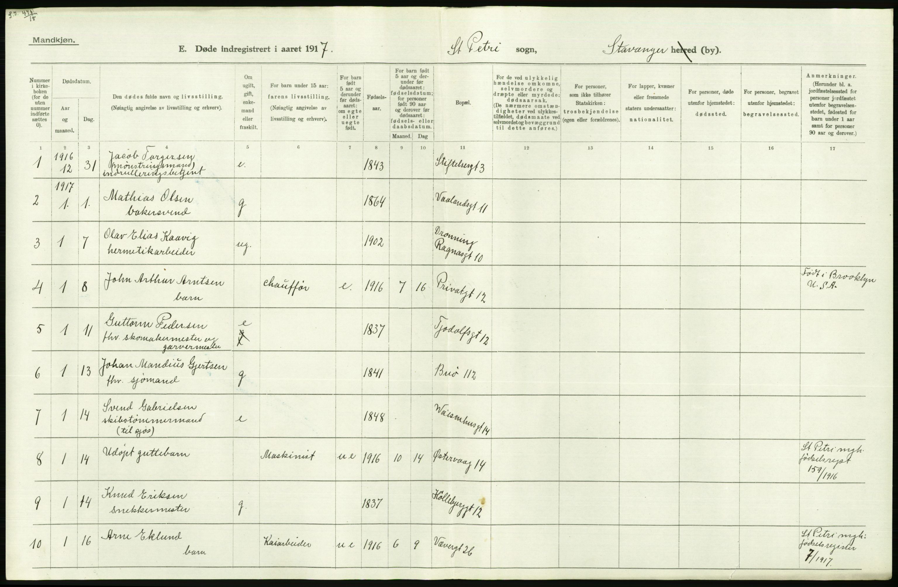 Statistisk sentralbyrå, Sosiodemografiske emner, Befolkning, RA/S-2228/D/Df/Dfb/Dfbg/L0033: Stavanger amt: Døde, dødfødte. Bygder og byer., 1917, s. 614