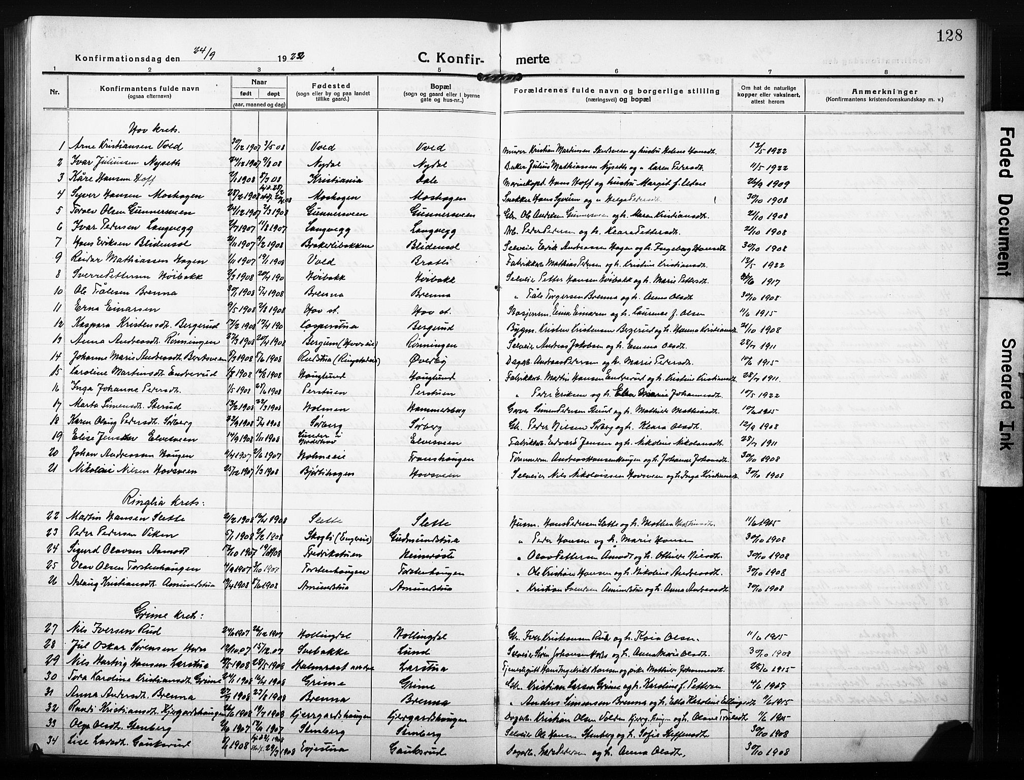 Søndre Land prestekontor, AV/SAH-PREST-122/L/L0007: Klokkerbok nr. 7, 1915-1932, s. 128