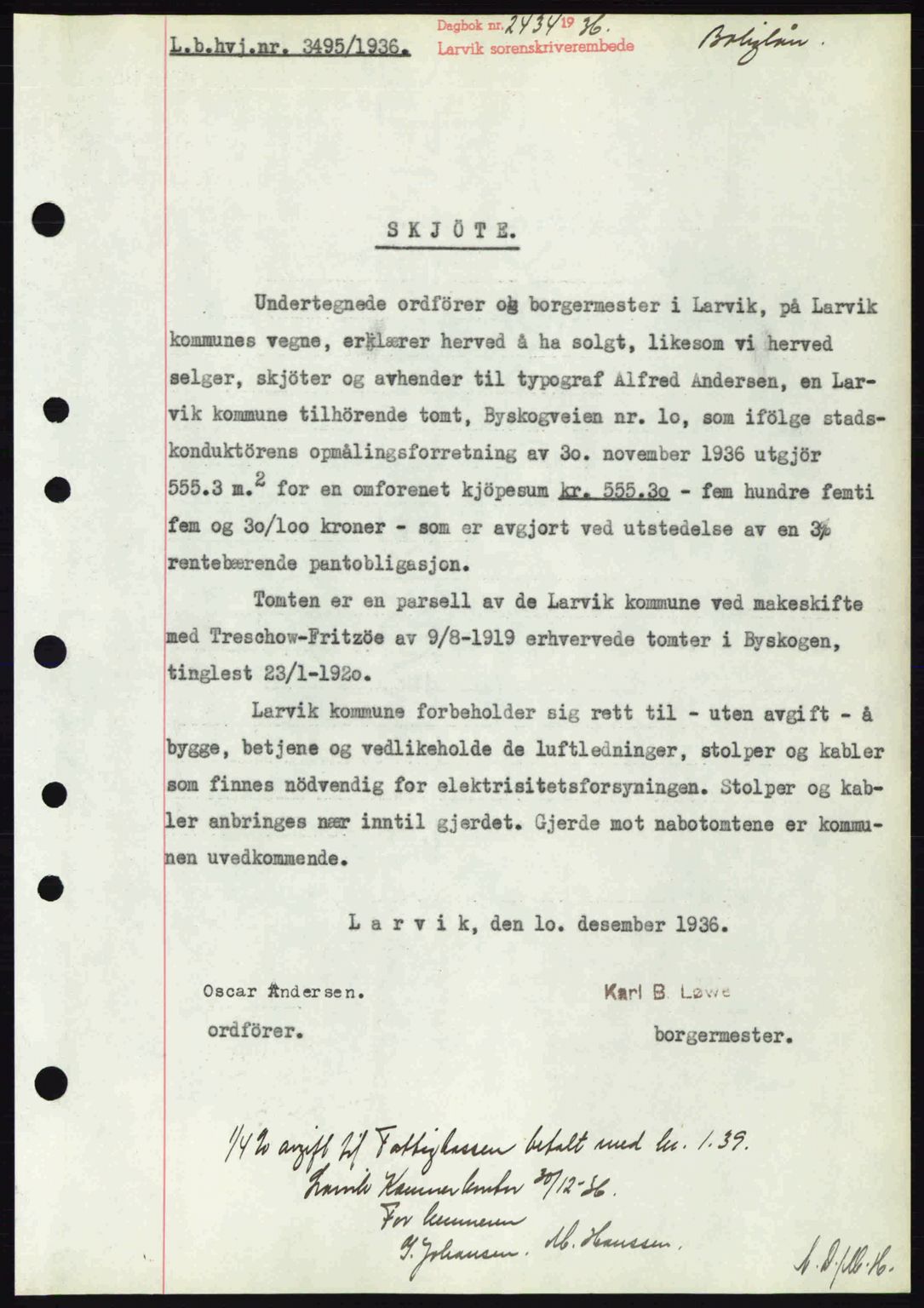 Larvik sorenskriveri, SAKO/A-83/G/Ga/Gab/L0067: Pantebok nr. A-1, 1936-1937, Dagboknr: 2434/1936