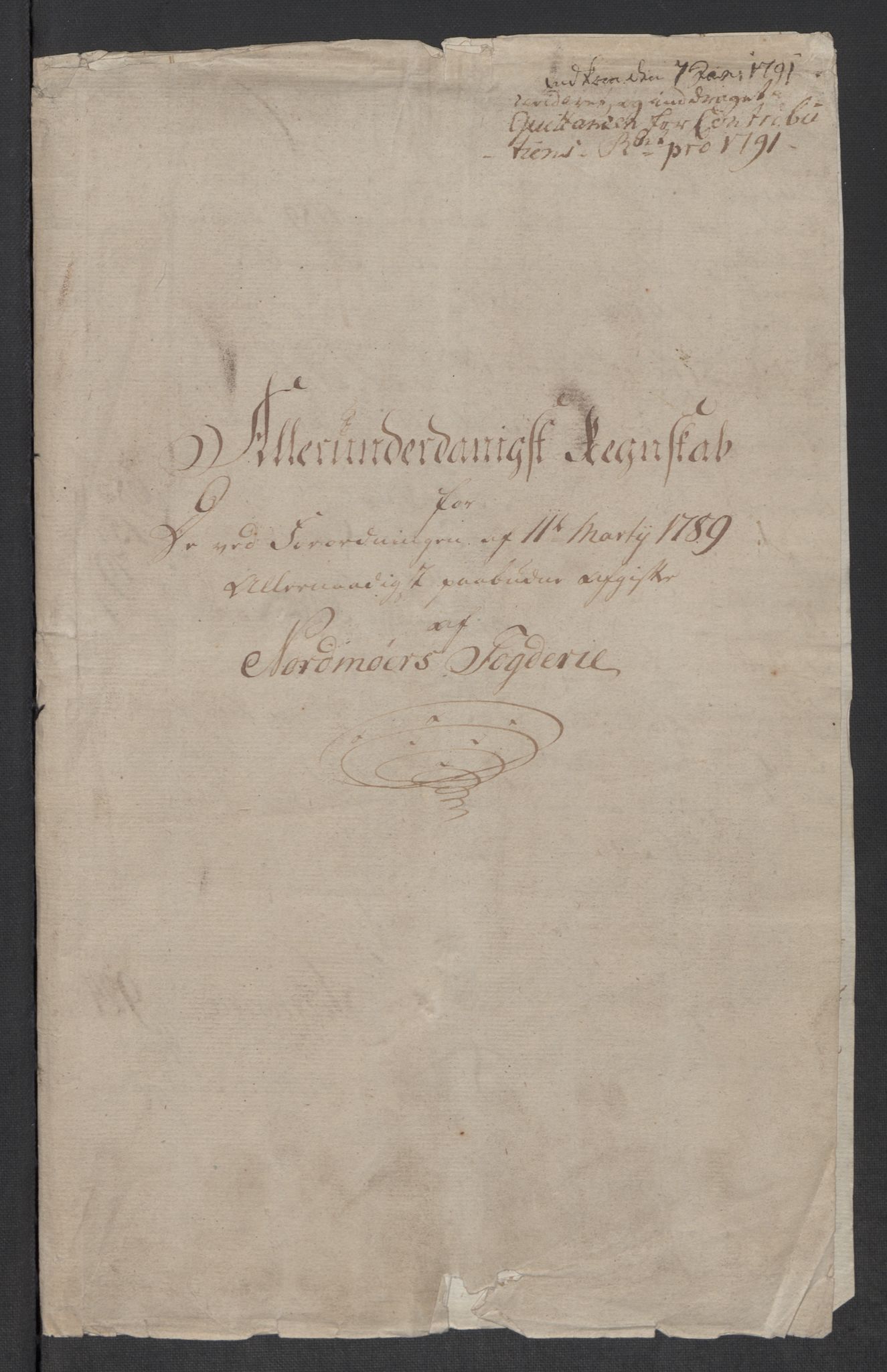 Rentekammeret inntil 1814, Reviderte regnskaper, Mindre regnskaper, RA/EA-4068/Rf/Rfe/L0031: Nordmøre fogderi, Numedal og Sandsvær fogderi, 1789, s. 5