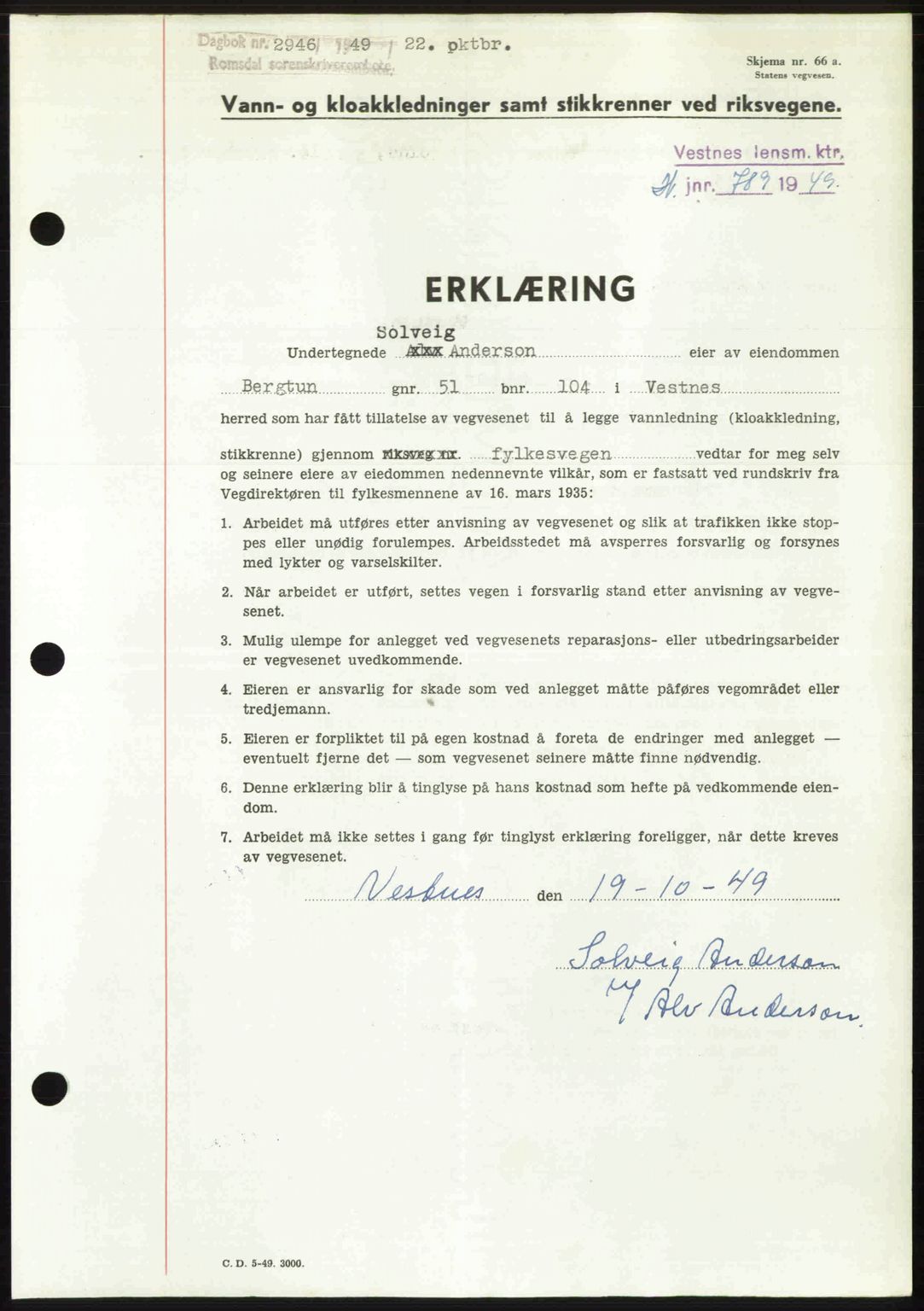 Romsdal sorenskriveri, SAT/A-4149/1/2/2C: Pantebok nr. A31, 1949-1949, Dagboknr: 2946/1949