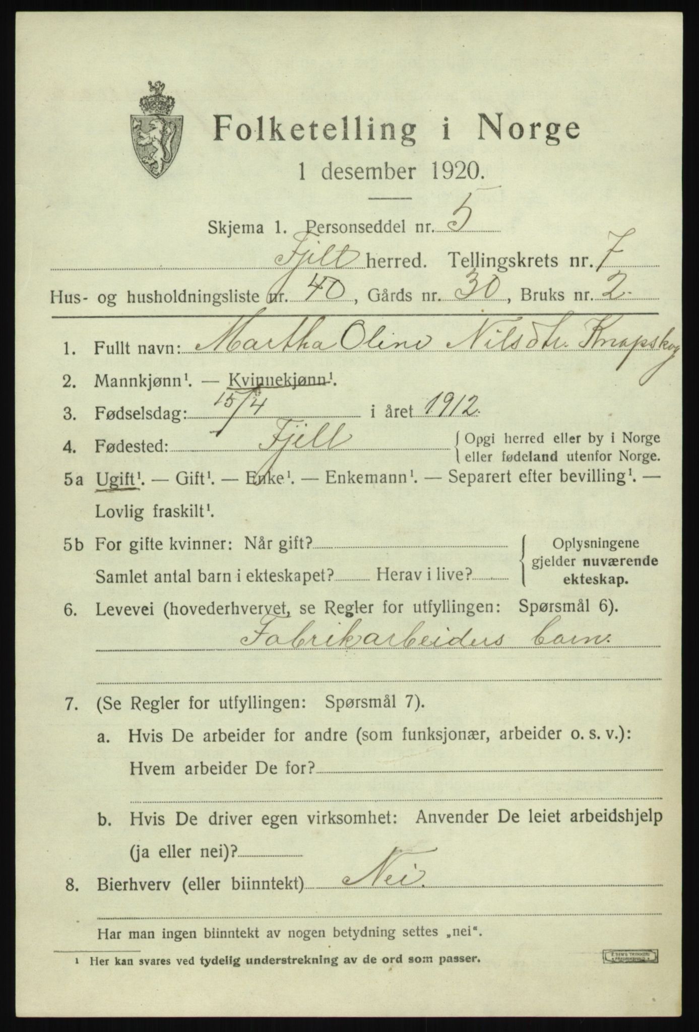 SAB, Folketelling 1920 for 1246 Fjell herred, 1920, s. 6972