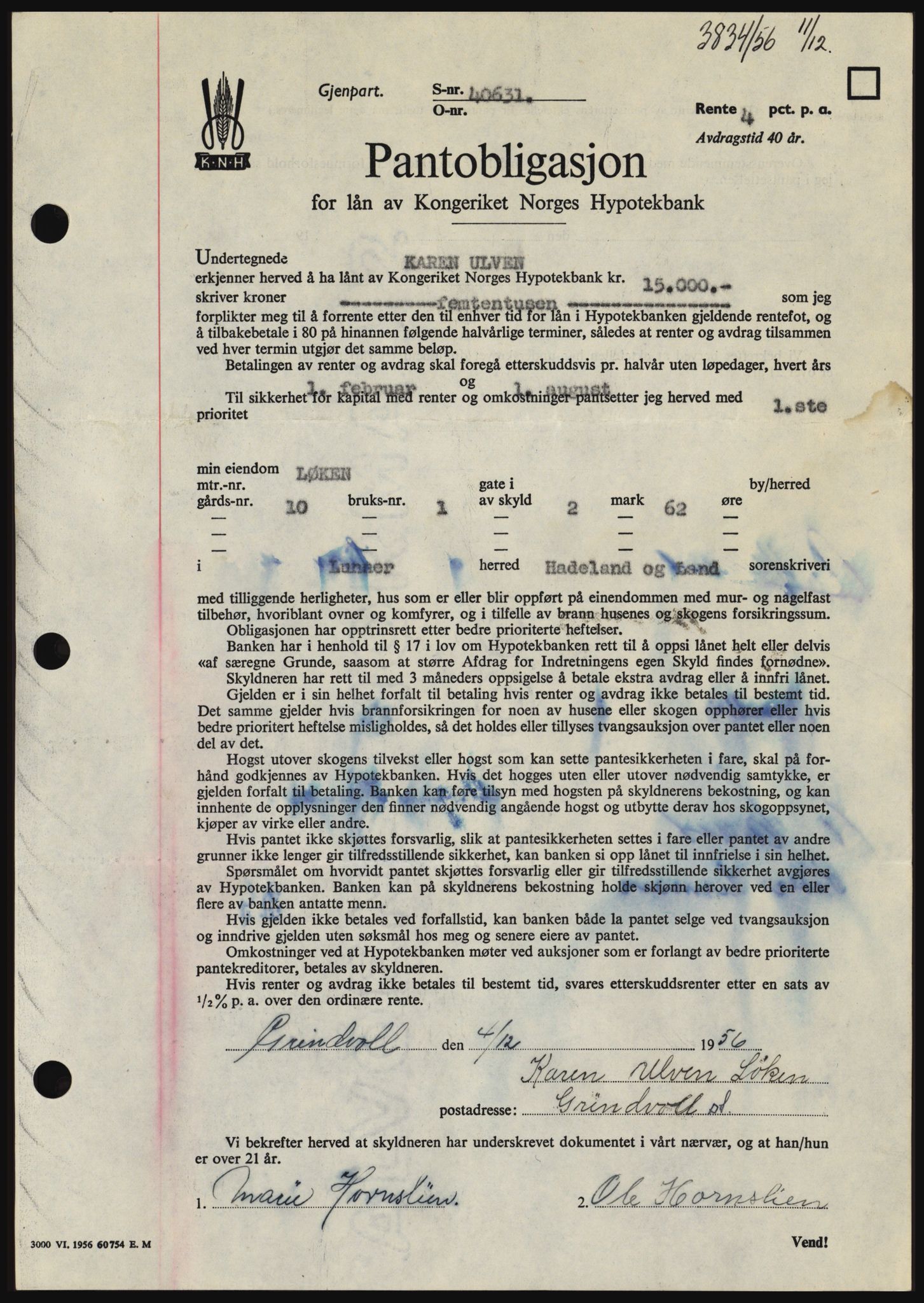 Hadeland og Land tingrett, SAH/TING-010/H/Hb/Hbc/L0035: Pantebok nr. B35, 1956-1957, Dagboknr: 3834/1956