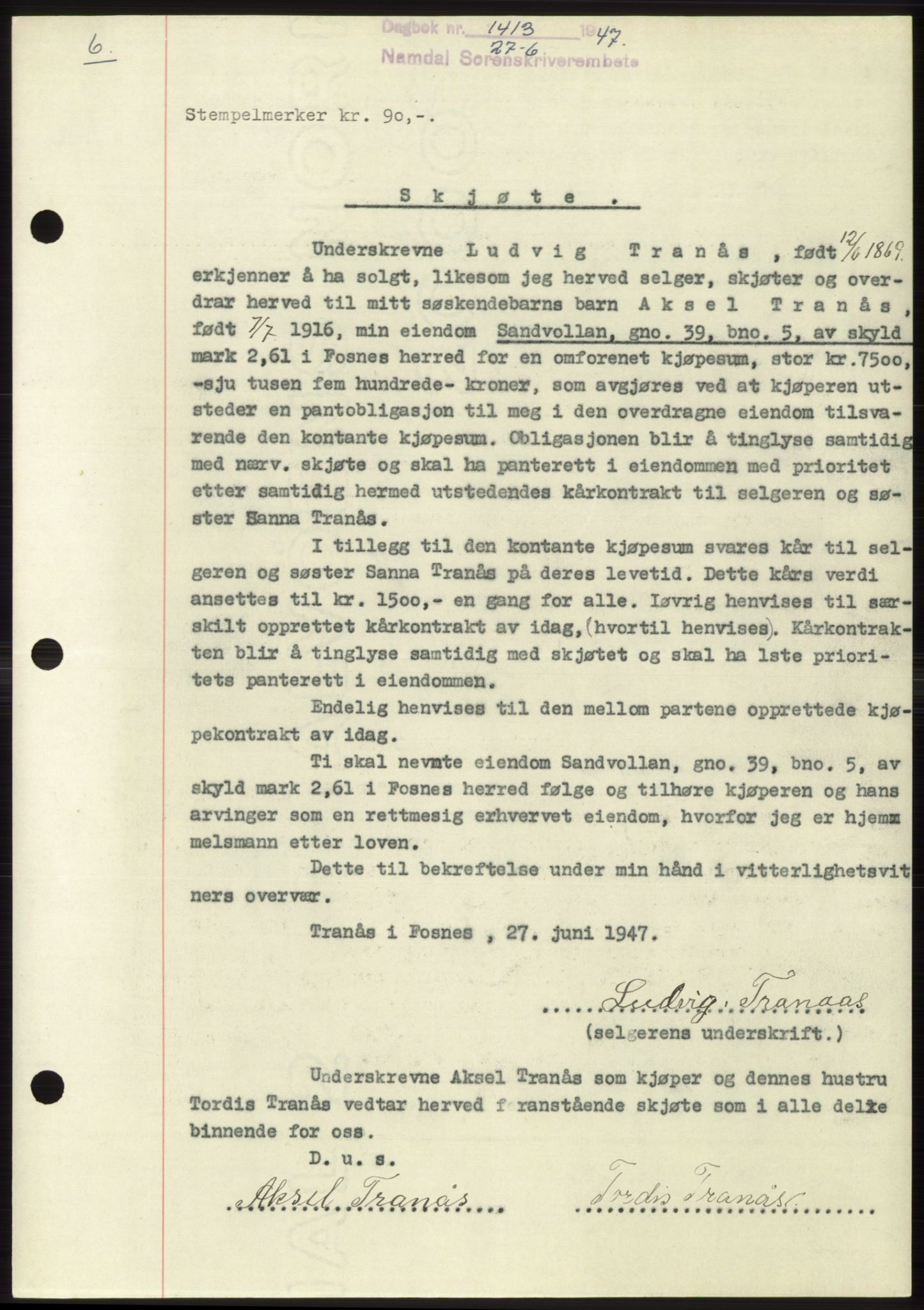 Namdal sorenskriveri, SAT/A-4133/1/2/2C: Pantebok nr. -, 1947-1947, Dagboknr: 1413/1947
