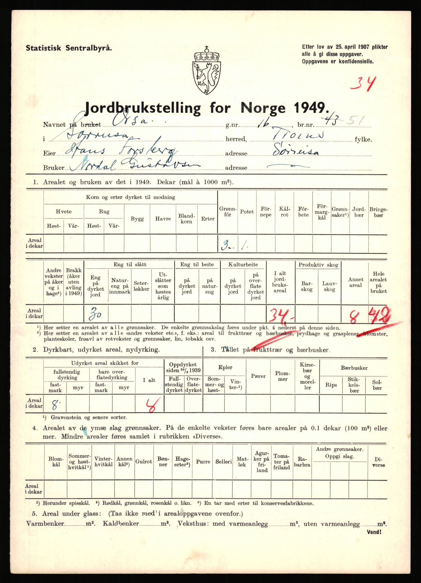 Statistisk sentralbyrå, Næringsøkonomiske emner, Jordbruk, skogbruk, jakt, fiske og fangst, AV/RA-S-2234/G/Gc/L0440: Troms: Sørreisa og Dyrøy, 1949, s. 294