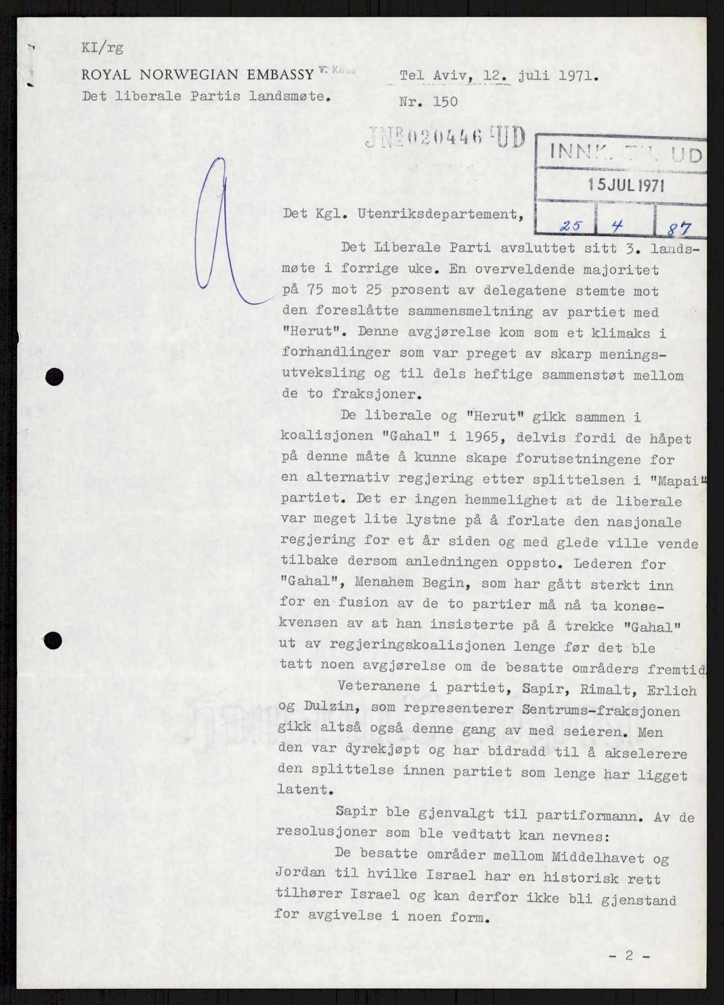 Utenriksdepartementet, hovedarkiv, AV/RA-S-6794/D/Db/Dba/L0776/0003: Verdenspolitikk. Fremmede staters politikk (G.L.) / Israel: Politikk (2 mapper), 1970-1972, s. 112