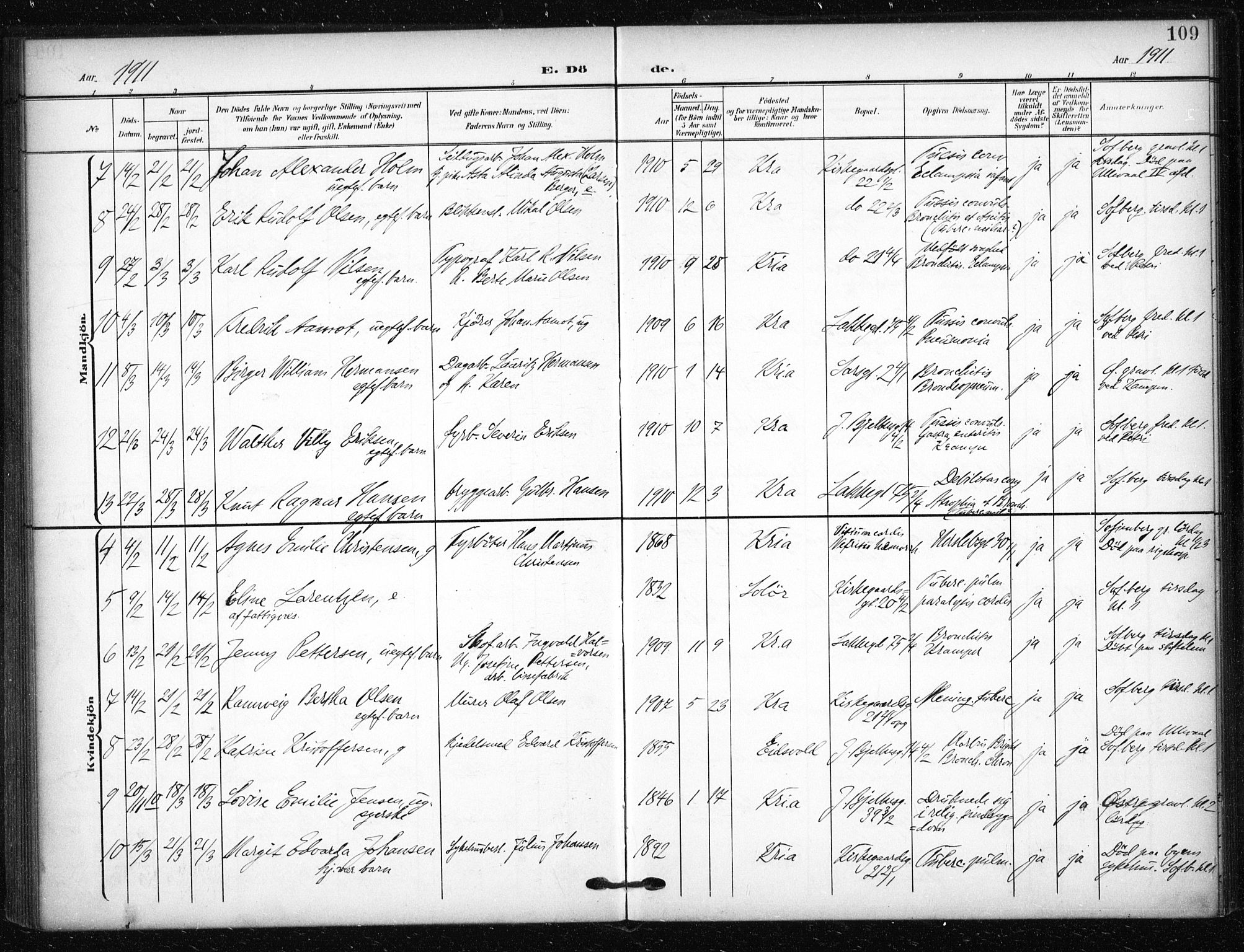 Tøyen prestekontor Kirkebøker, AV/SAO-A-10167a/F/Fa/L0002: Ministerialbok nr. I 2, 1907-1916, s. 109