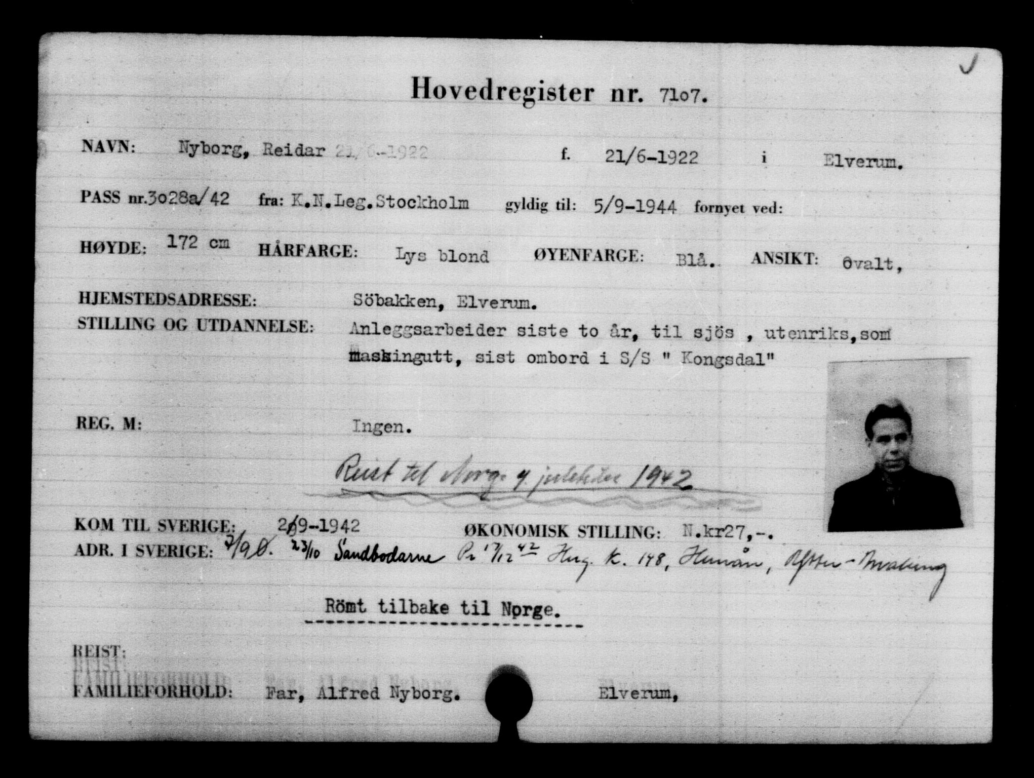 Utenriksstasjonene, Legasjonen i Stockholm, Flyktningkontoret, AV/RA-S-6753/V/Va/L0005: Kjesäterkartoteket, flyktninger med registreringsnr. 6600-9417, 1940-1945, s. 611
