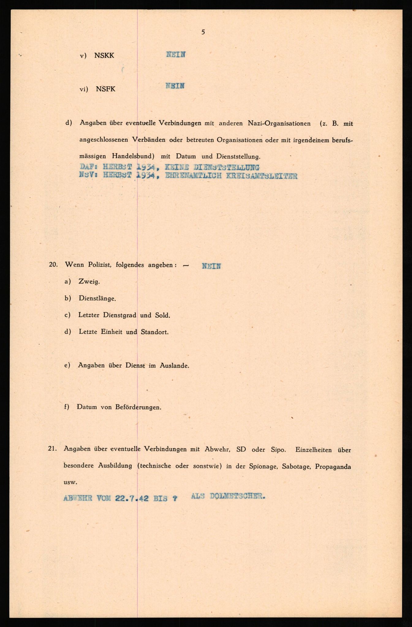 Forsvaret, Forsvarets overkommando II, RA/RAFA-3915/D/Db/L0029: CI Questionaires. Tyske okkupasjonsstyrker i Norge. Tyskere., 1945-1946, s. 129