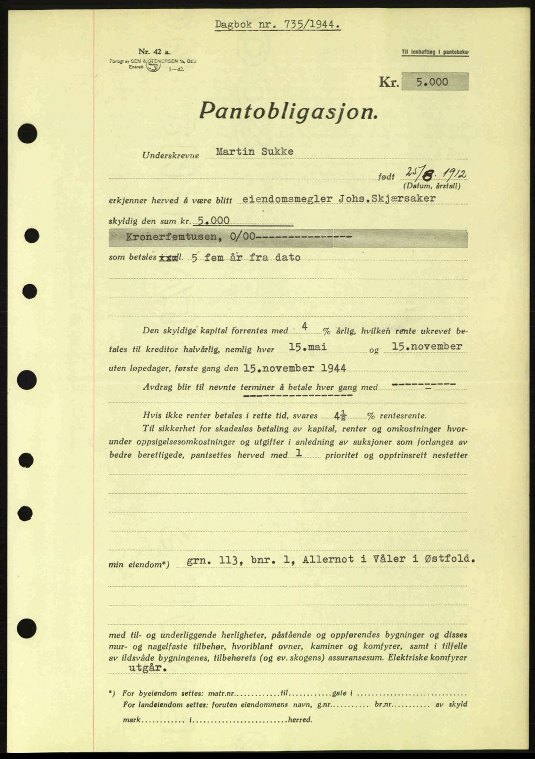 Moss sorenskriveri, SAO/A-10168: Pantebok nr. B13, 1943-1945, Dagboknr: 735/1944