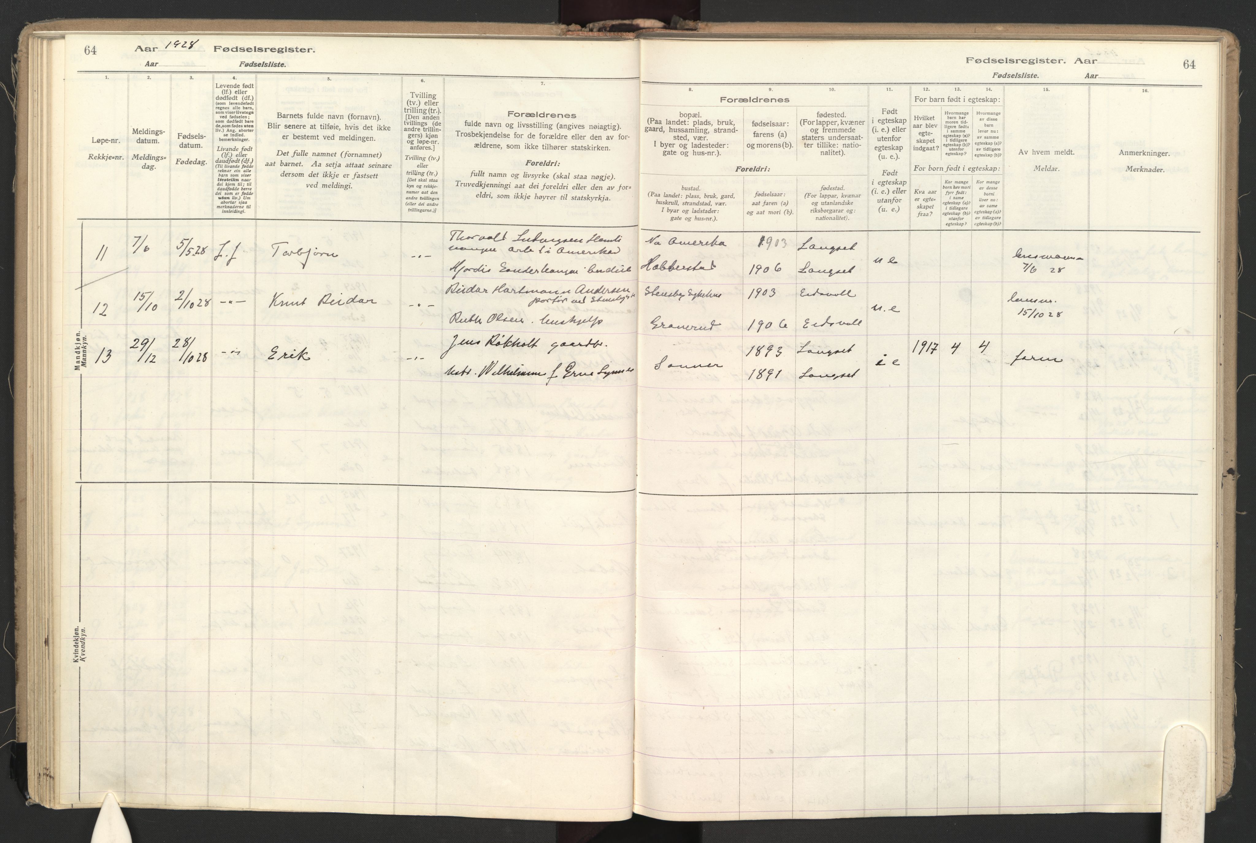 Eidsvoll prestekontor Kirkebøker, AV/SAO-A-10888/J/Jb/L0001: Fødselsregister nr. II 1, 1916-1959, s. 64