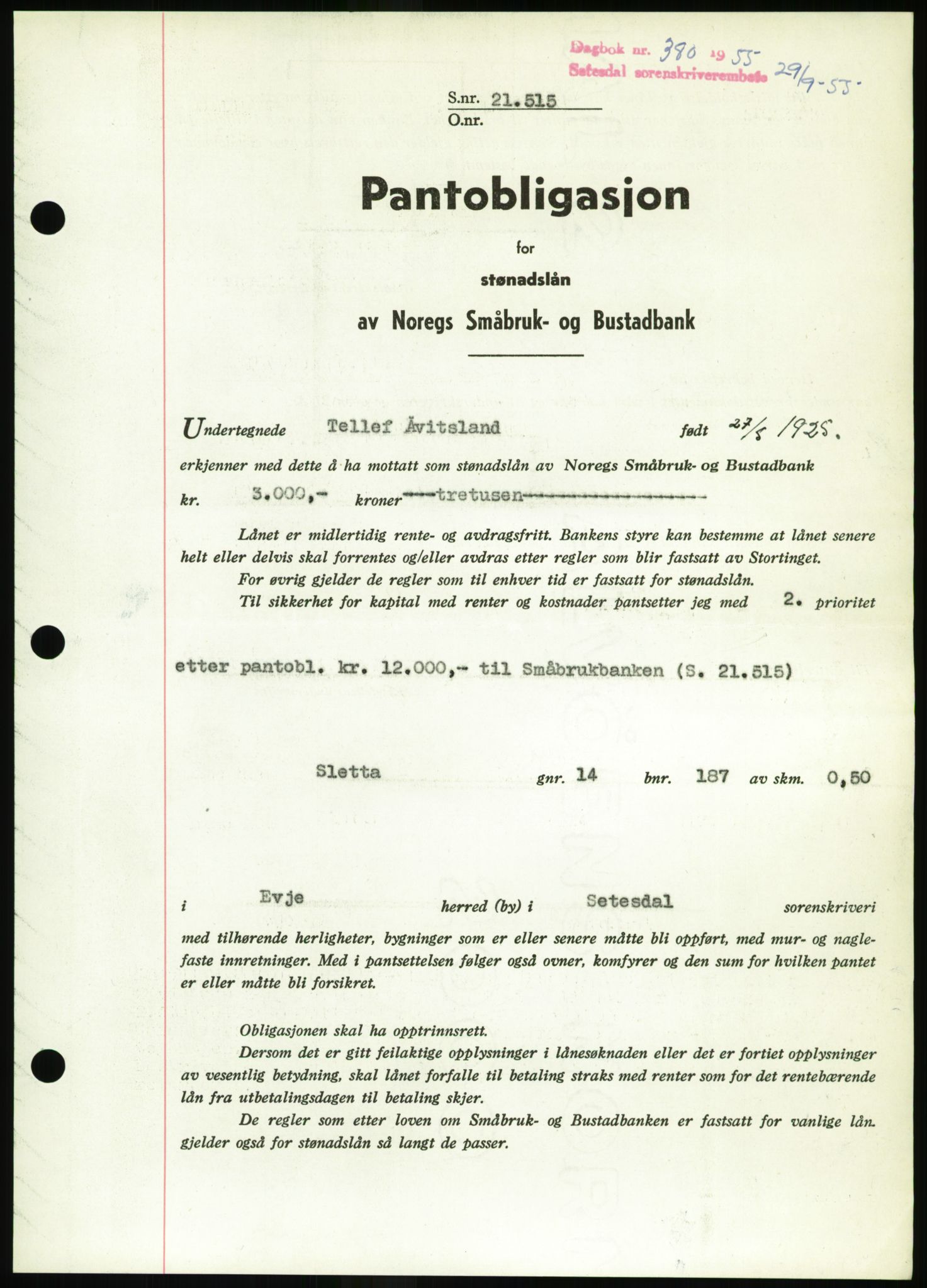 Setesdal sorenskriveri, SAK/1221-0011/G/Gb/L0052: Pantebok nr. B 40, 1954-1955, Dagboknr: 380/1955