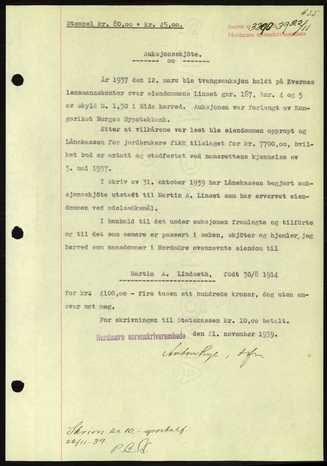 Nordmøre sorenskriveri, SAT/A-4132/1/2/2Ca: Pantebok nr. A87, 1939-1940, Dagboknr: 3390/1939