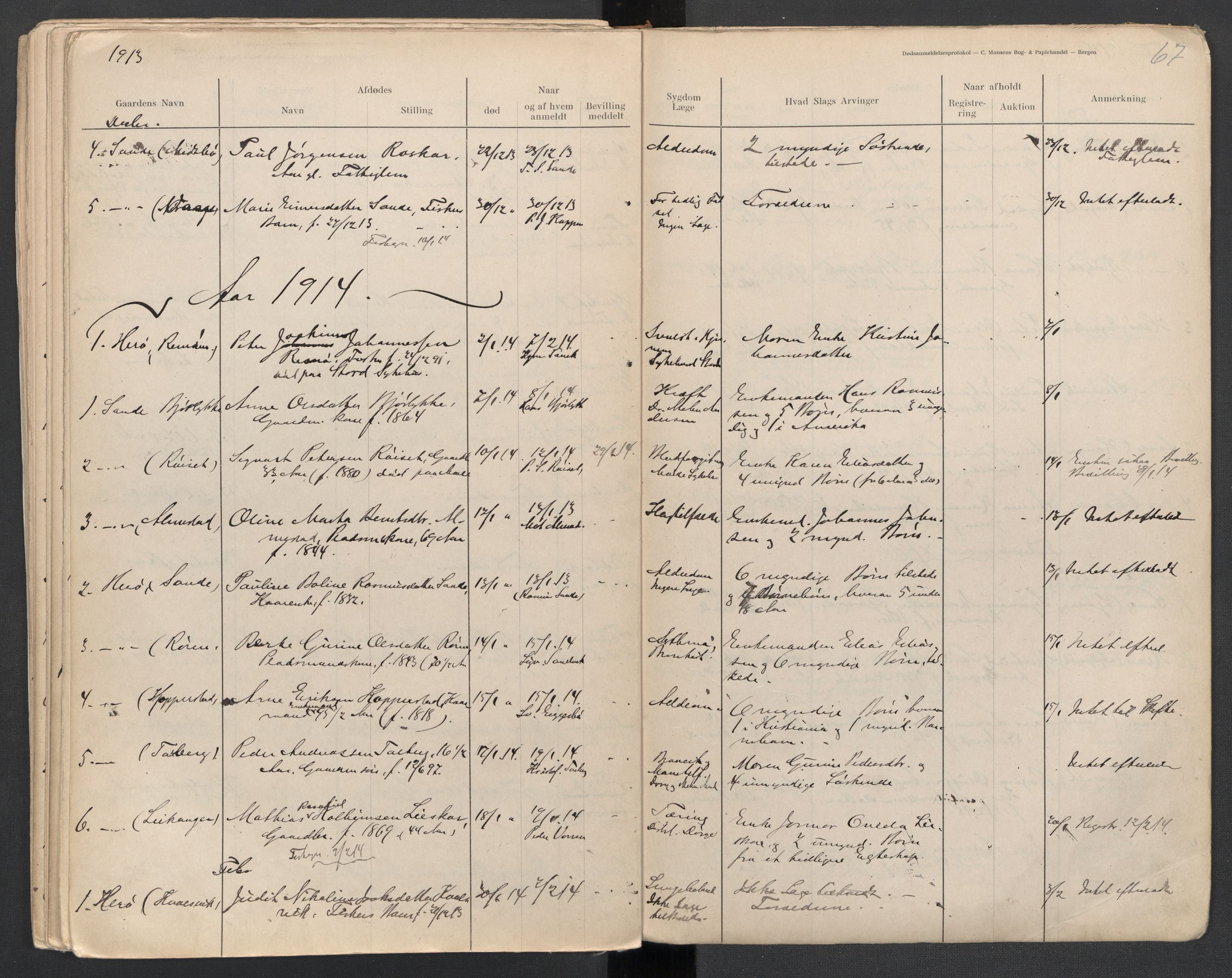 Herøy og Sande lensmannskontor, AV/SAT-A-5655/2/2/L0044: Dødsfallprotokoll, 1904-1914, s. 67