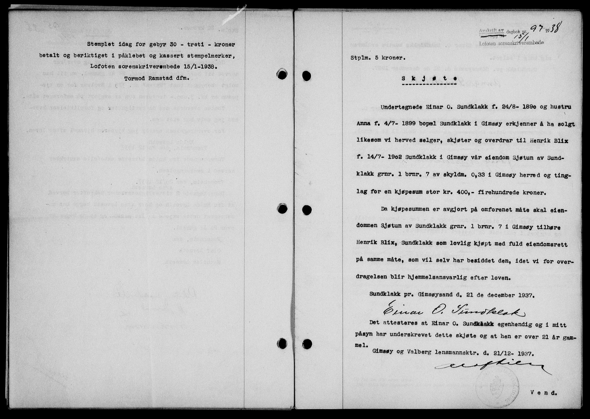 Lofoten sorenskriveri, SAT/A-0017/1/2/2C/L0003a: Pantebok nr. 3a, 1937-1938, Dagboknr: 97/1938