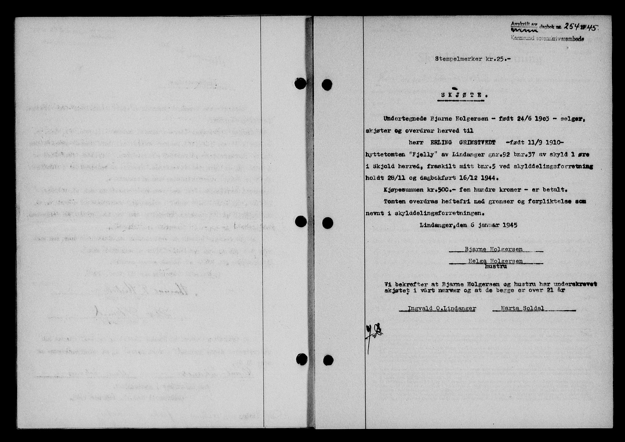 Karmsund sorenskriveri, SAST/A-100311/01/II/IIB/L0083: Pantebok nr. 64A, 1944-1945, Dagboknr: 254/1945