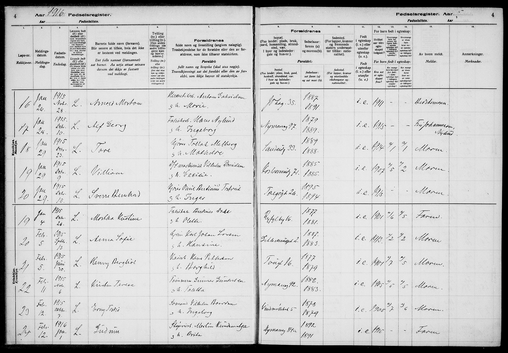 St. Johannes sokneprestkontor, SAST/A-101814/002/A/L0001: Fødselsregister nr. 1, 1916-1919, s. 4