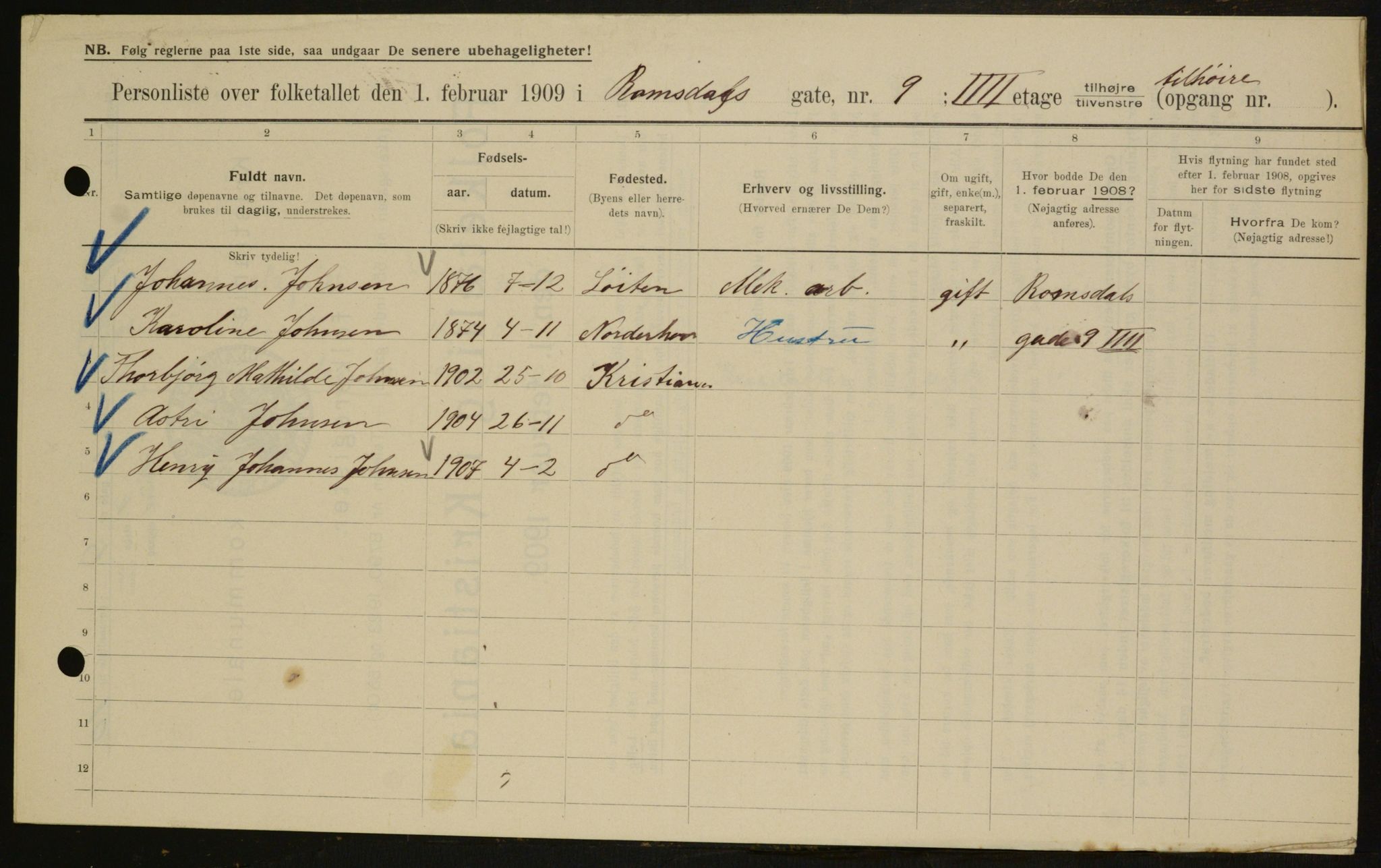 OBA, Kommunal folketelling 1.2.1909 for Kristiania kjøpstad, 1909, s. 75525