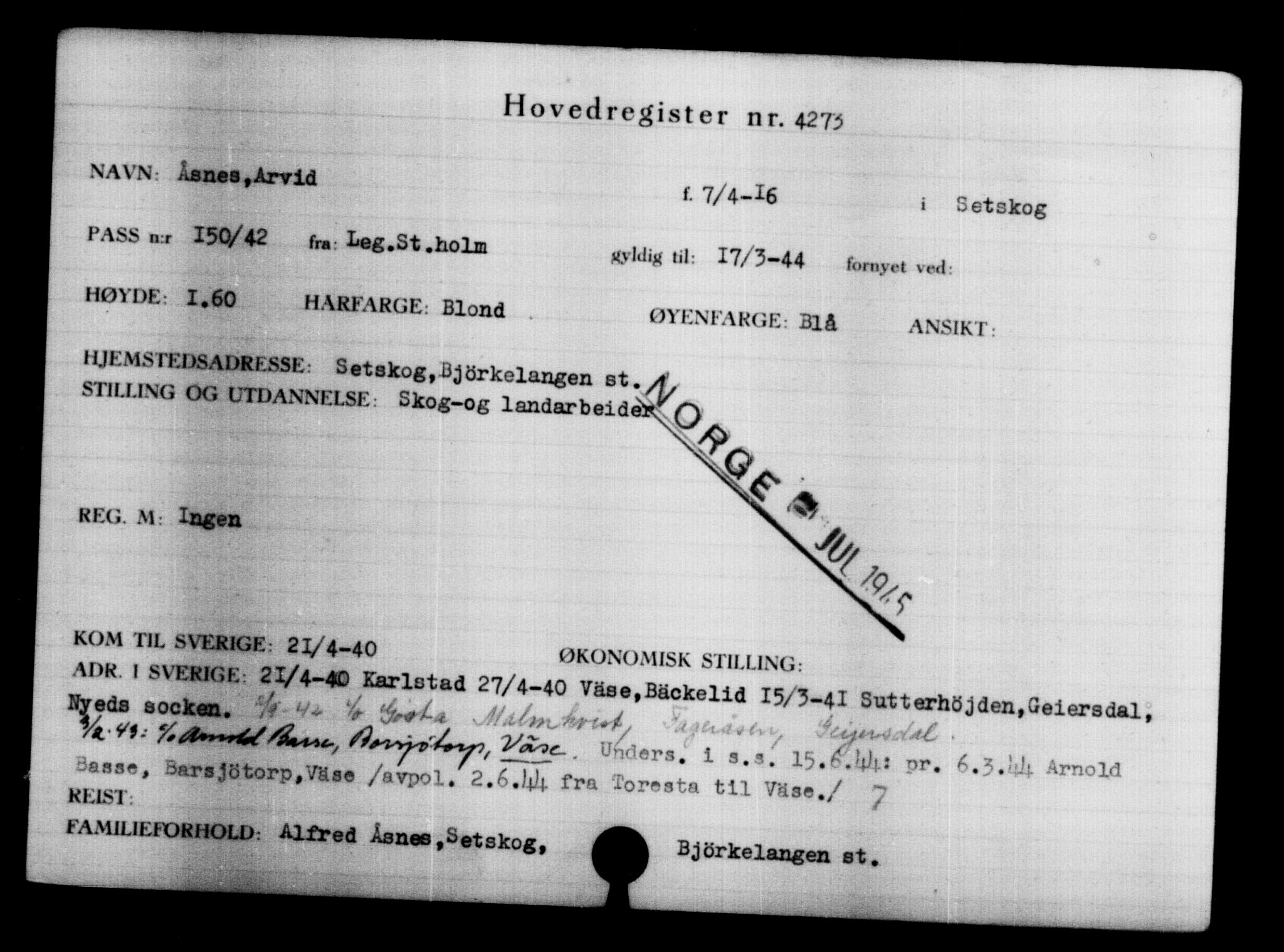 Utenriksstasjonene, Legasjonen i Stockholm, Flyktningkontoret, AV/RA-S-6753/V/Va/L0004: Kjesäterkartoteket, flyktninger med registreringsnr. 3496-6610, 1940-1945, s. 943