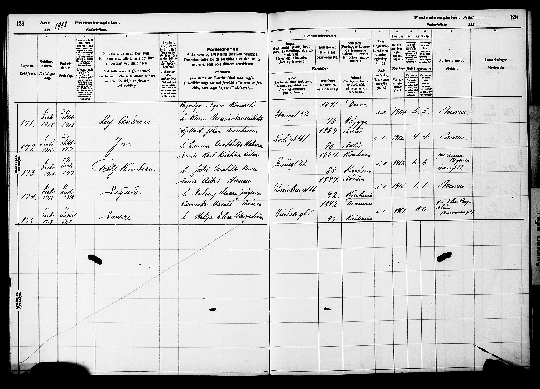 Kampen prestekontor Kirkebøker, AV/SAO-A-10853/J/Ja/L0001: Fødselsregister nr. 1, 1916-1920, s. 128