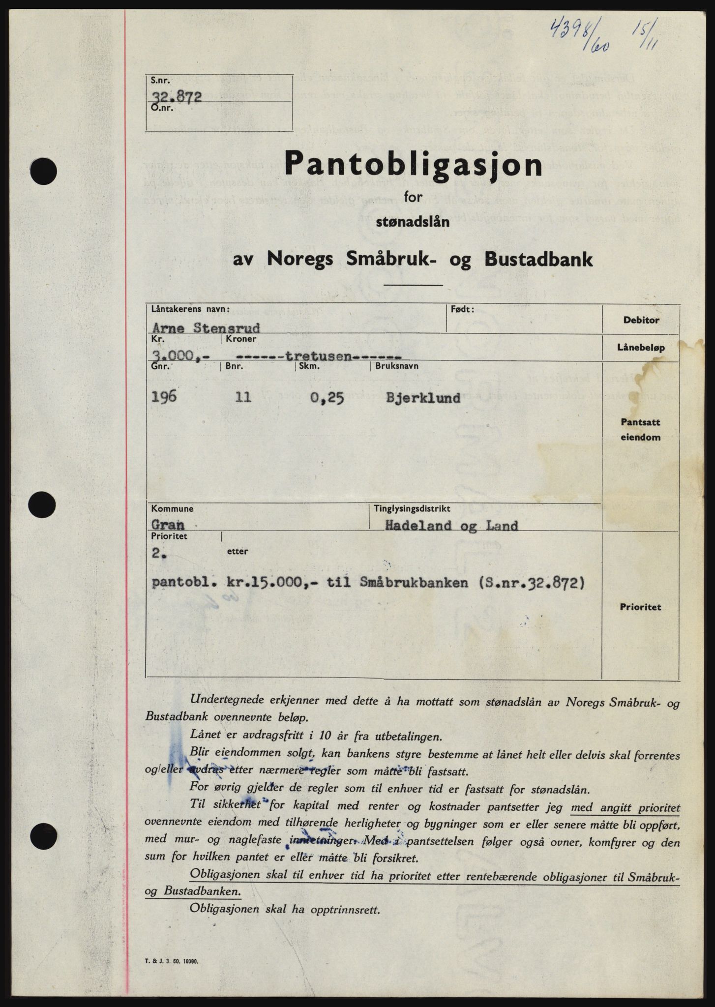 Hadeland og Land tingrett, SAH/TING-010/H/Hb/Hbc/L0044: Pantebok nr. B44, 1960-1961, Dagboknr: 4398/1960