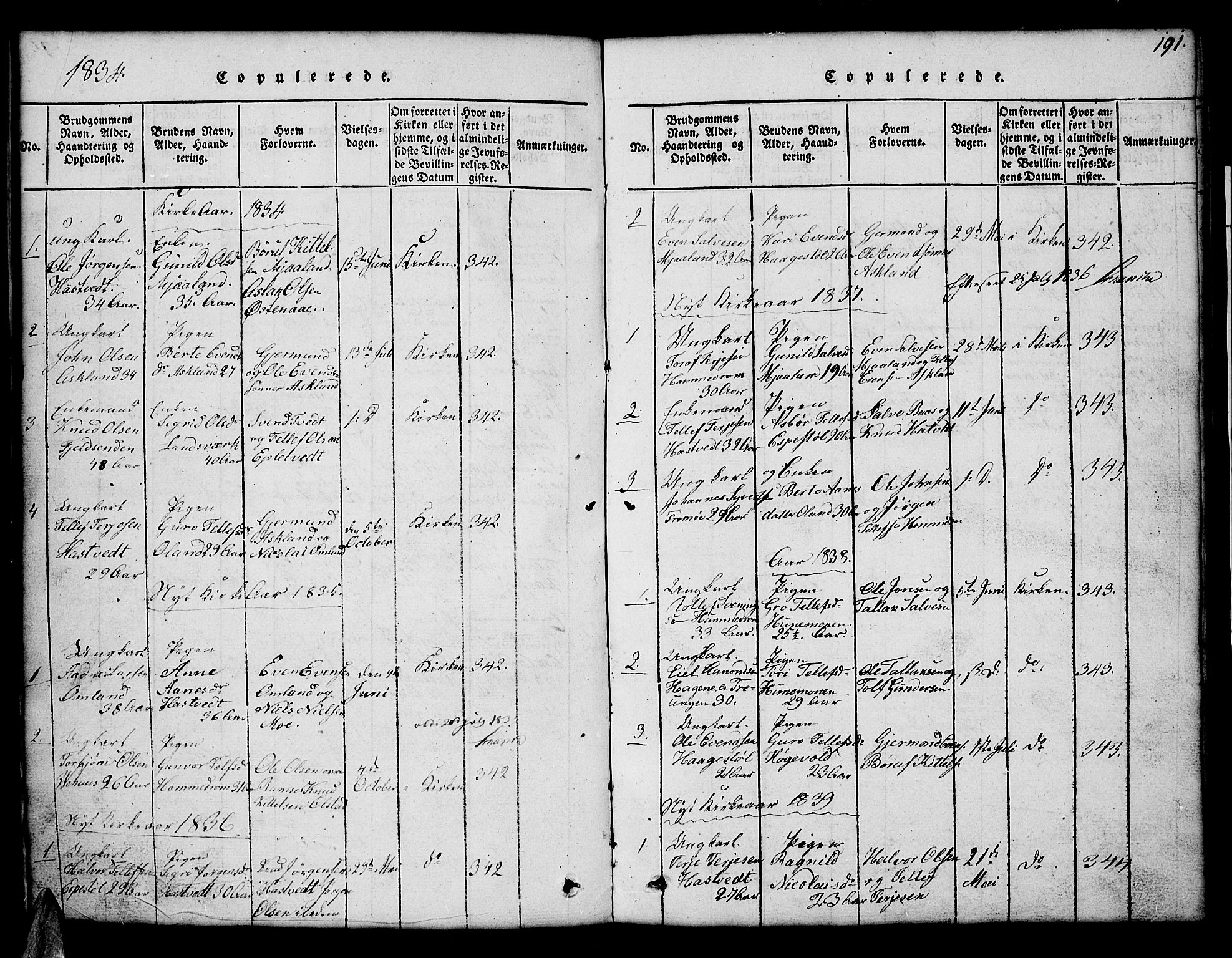 Åmli sokneprestkontor, SAK/1111-0050/F/Fb/Fba/L0001: Klokkerbok nr. B 1, 1816-1890, s. 191