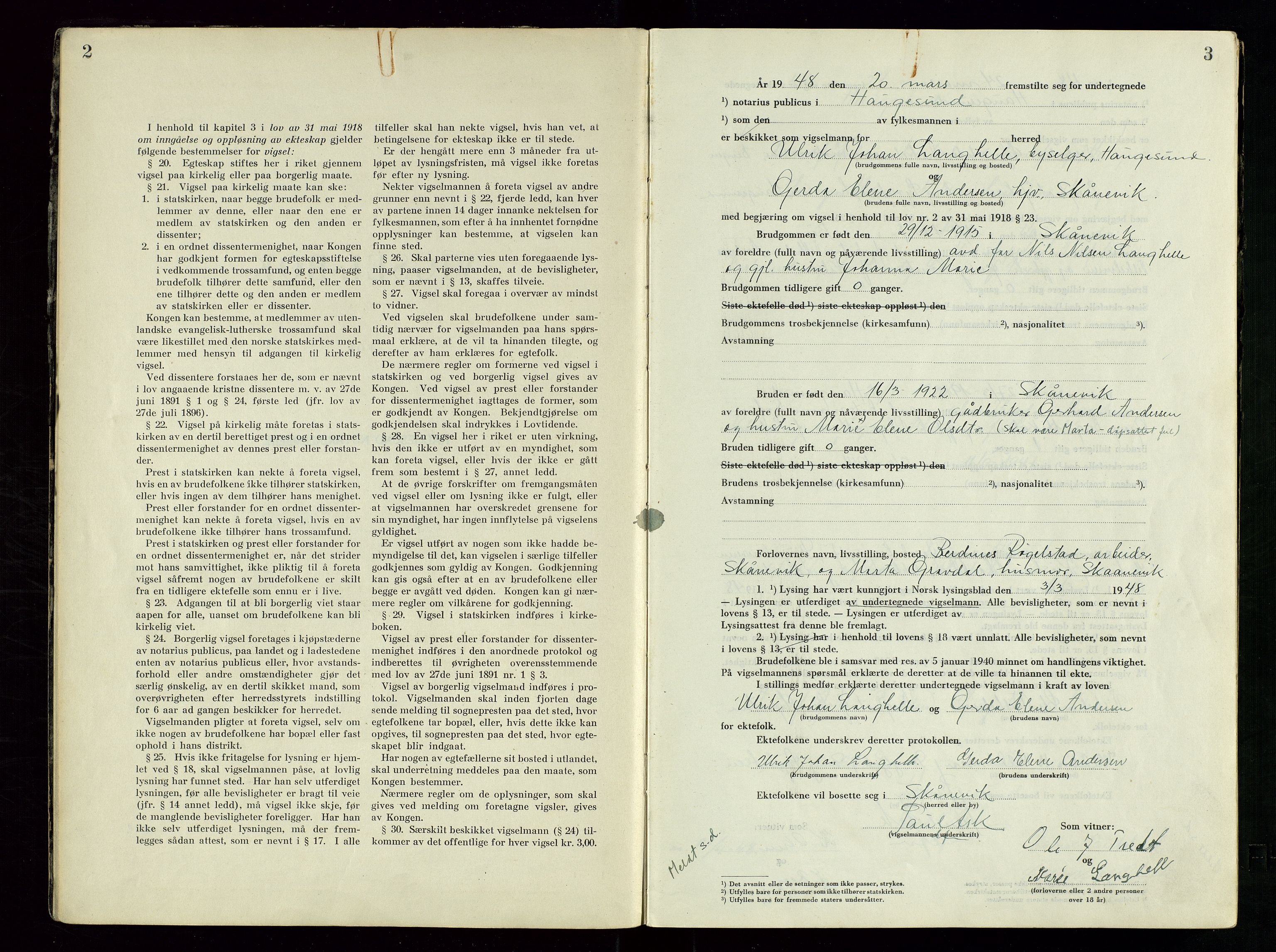 Haugesund tingrett, AV/SAST-A-101415/01/III/IIID/L0006: Vigselbok, 1948-1956, s. 2-3