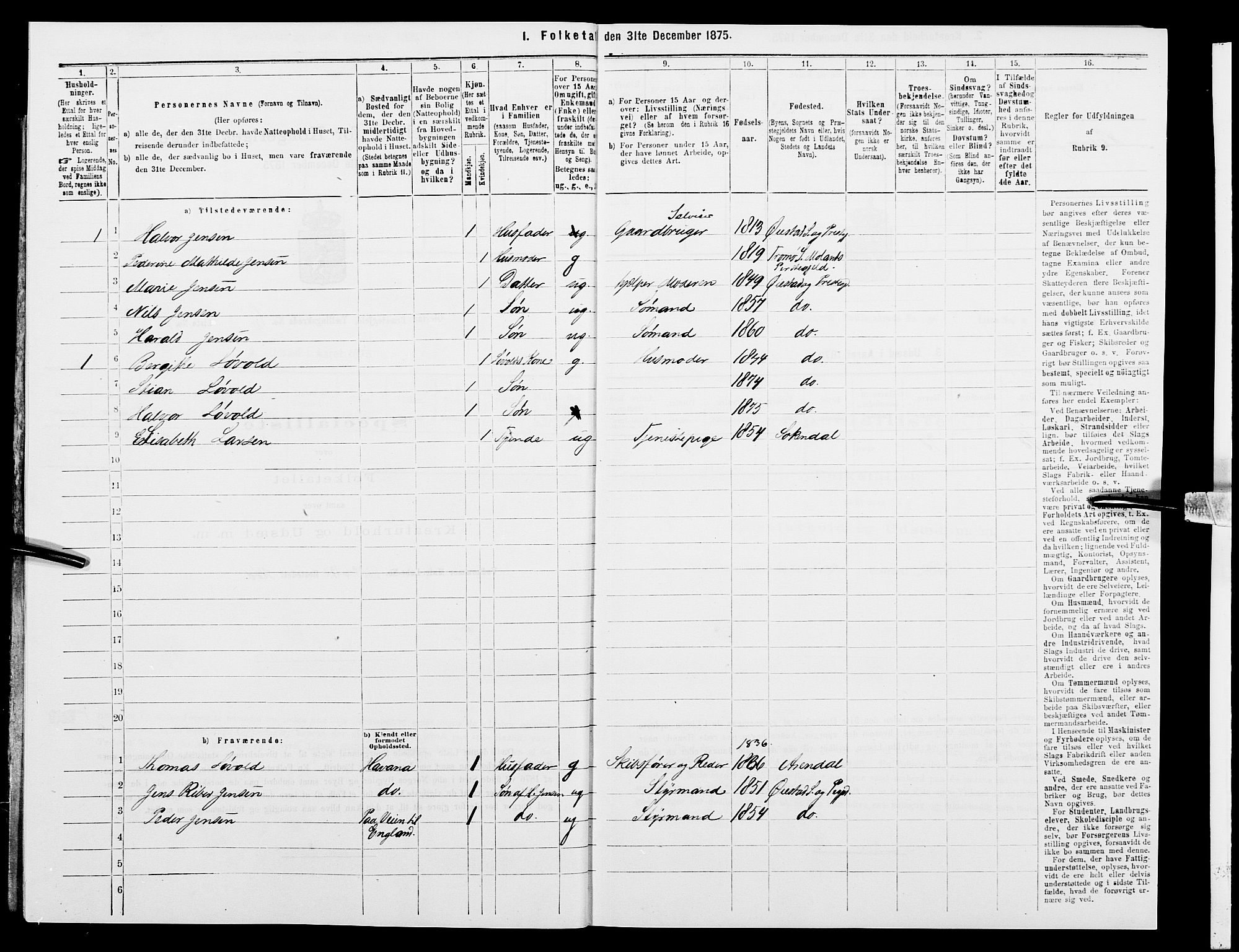 SAK, Folketelling 1875 for 0920P Øyestad prestegjeld, 1875, s. 698