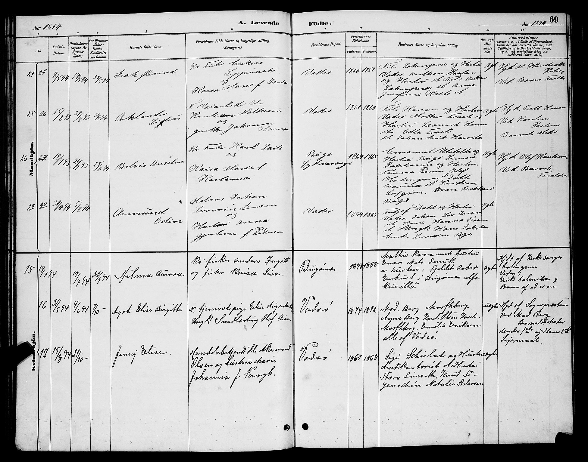 Vadsø sokneprestkontor, AV/SATØ-S-1325/H/Hb/L0004klokker: Klokkerbok nr. 4, 1885-1895, s. 69