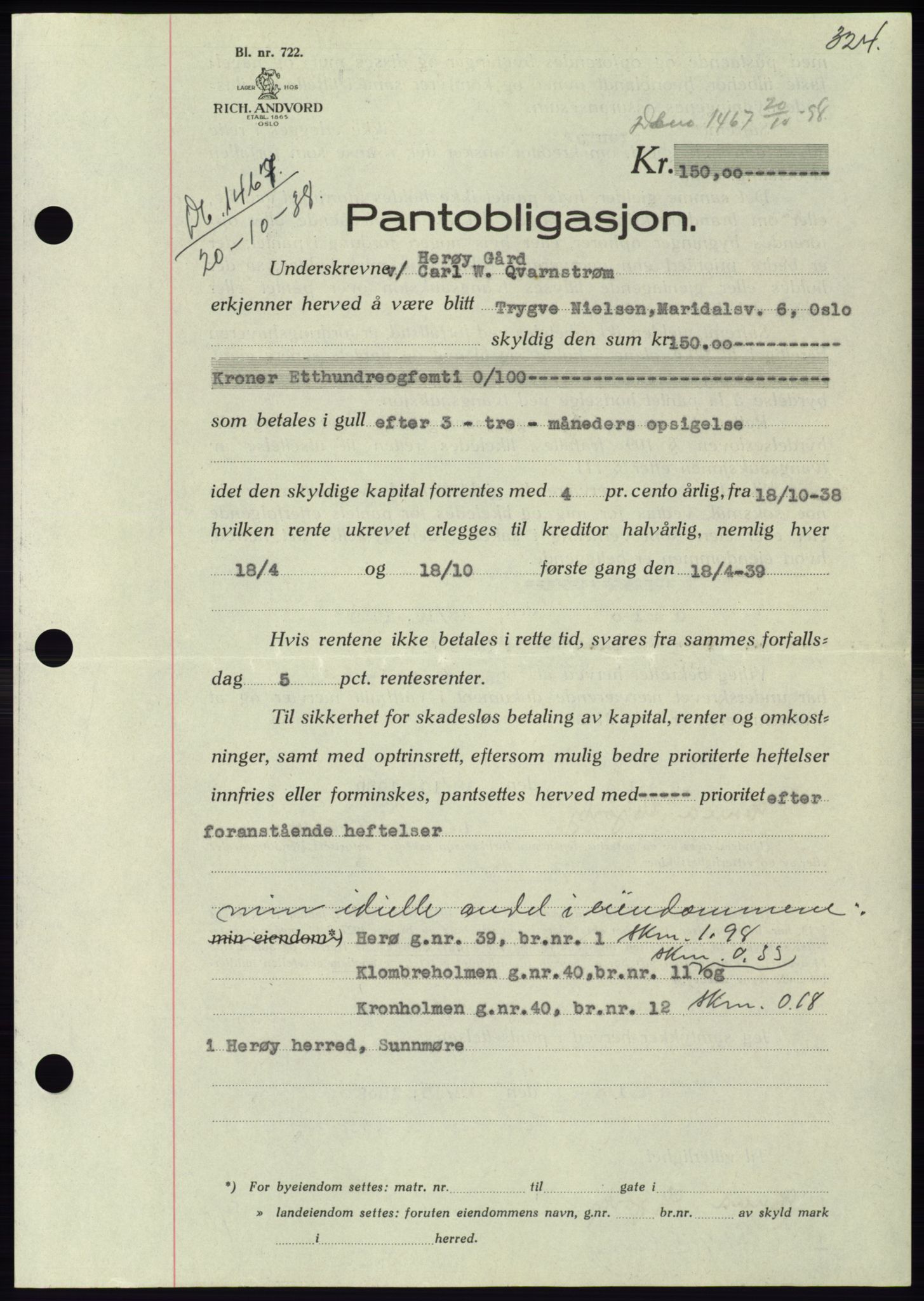 Søre Sunnmøre sorenskriveri, AV/SAT-A-4122/1/2/2C/L0066: Pantebok nr. 60, 1938-1938, Dagboknr: 1467/1938