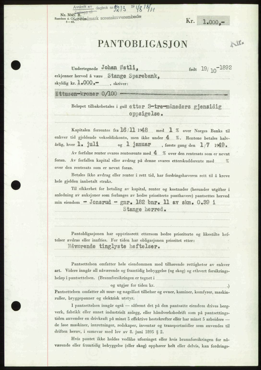 Sør-Hedmark sorenskriveri, SAH/TING-014/H/Hb/Hbd/L0018: Pantebok nr. 18, 1948-1949, Dagboknr: 3213/1948