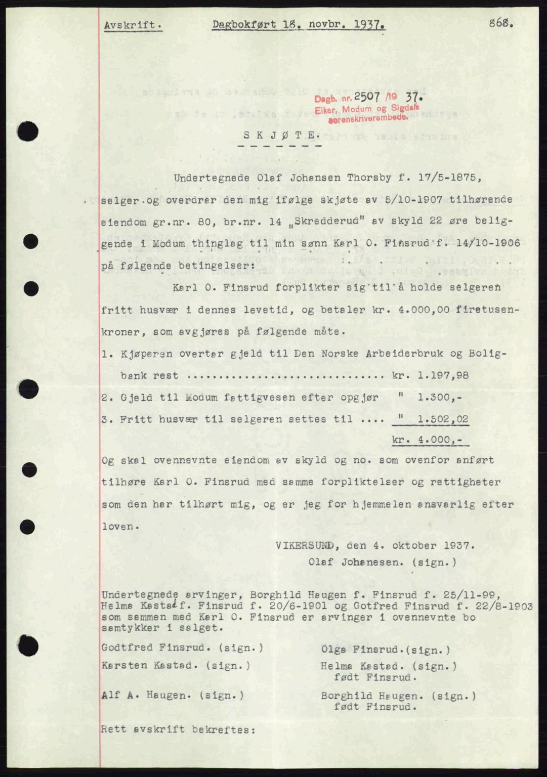 Eiker, Modum og Sigdal sorenskriveri, SAKO/A-123/G/Ga/Gab/L0036: Pantebok nr. A6, 1937-1937, Dagboknr: 2507/1937