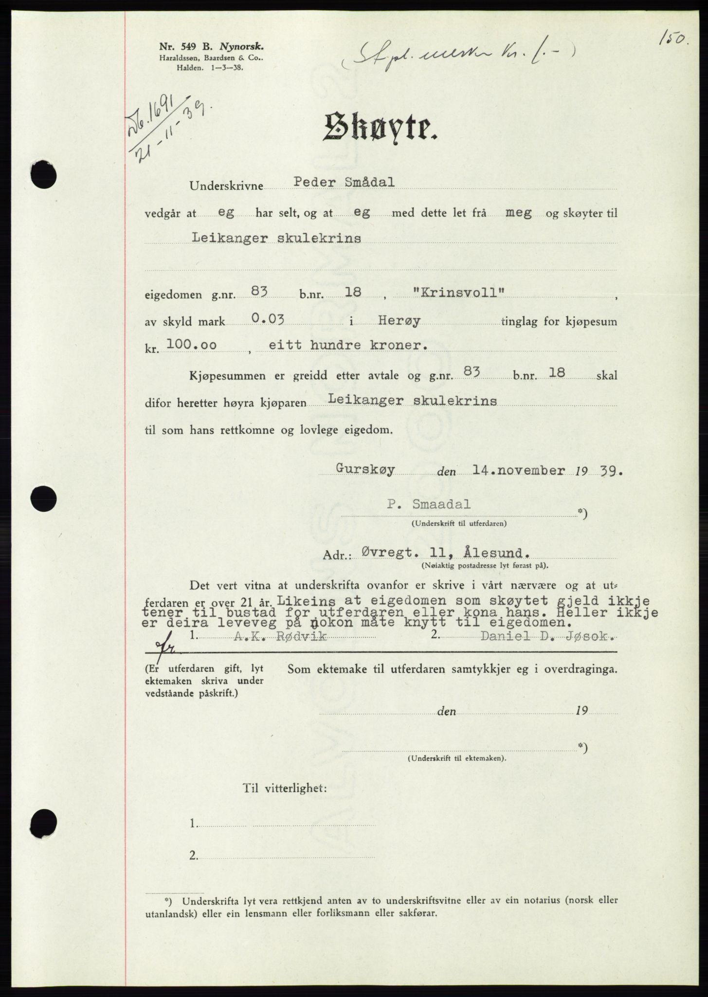 Søre Sunnmøre sorenskriveri, AV/SAT-A-4122/1/2/2C/L0069: Pantebok nr. 63, 1939-1940, Dagboknr: 1691/1939