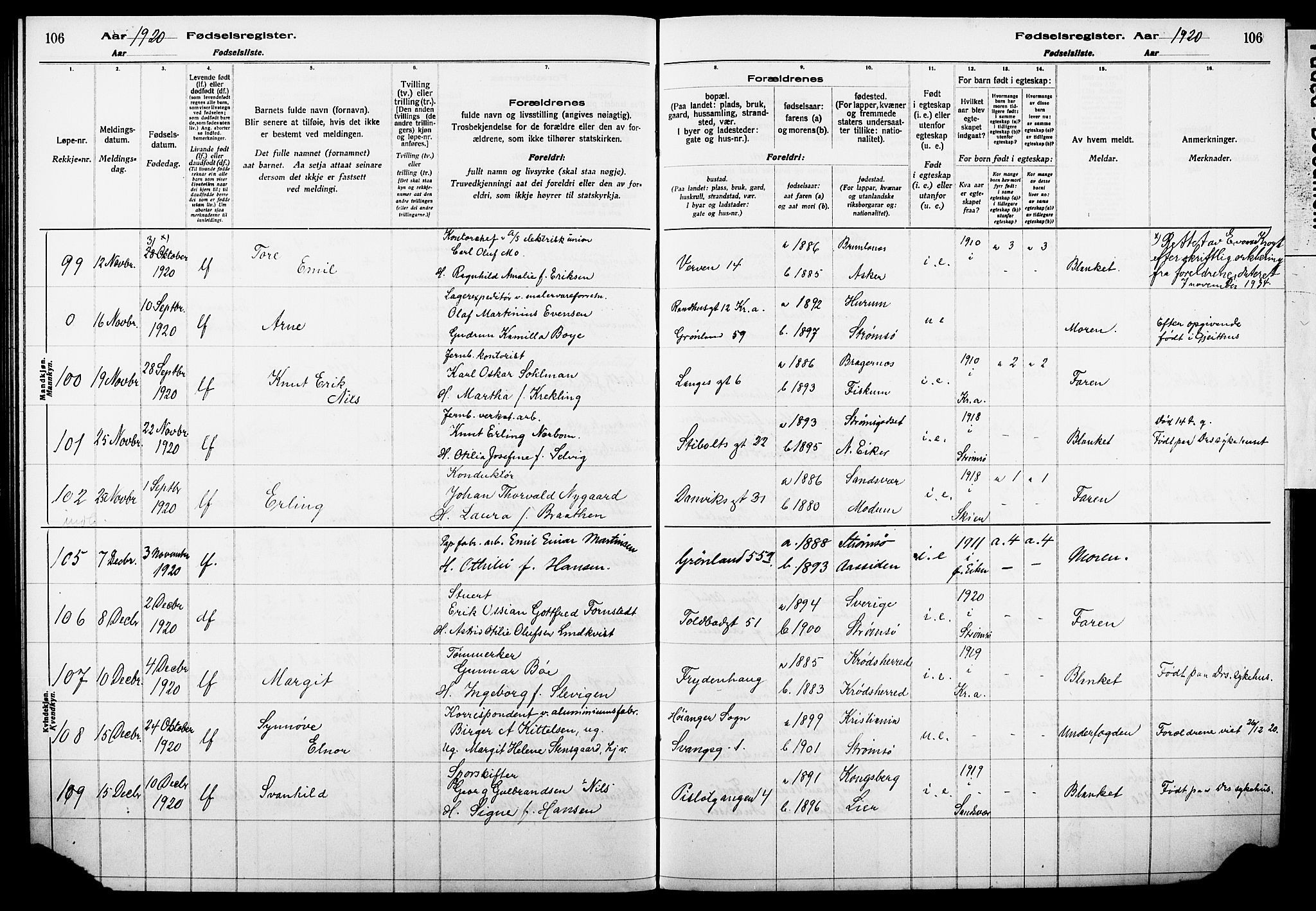 Strømsø kirkebøker, AV/SAKO-A-246/J/Ja/L0001: Fødselsregister nr. I 1, 1916-1925, s. 106