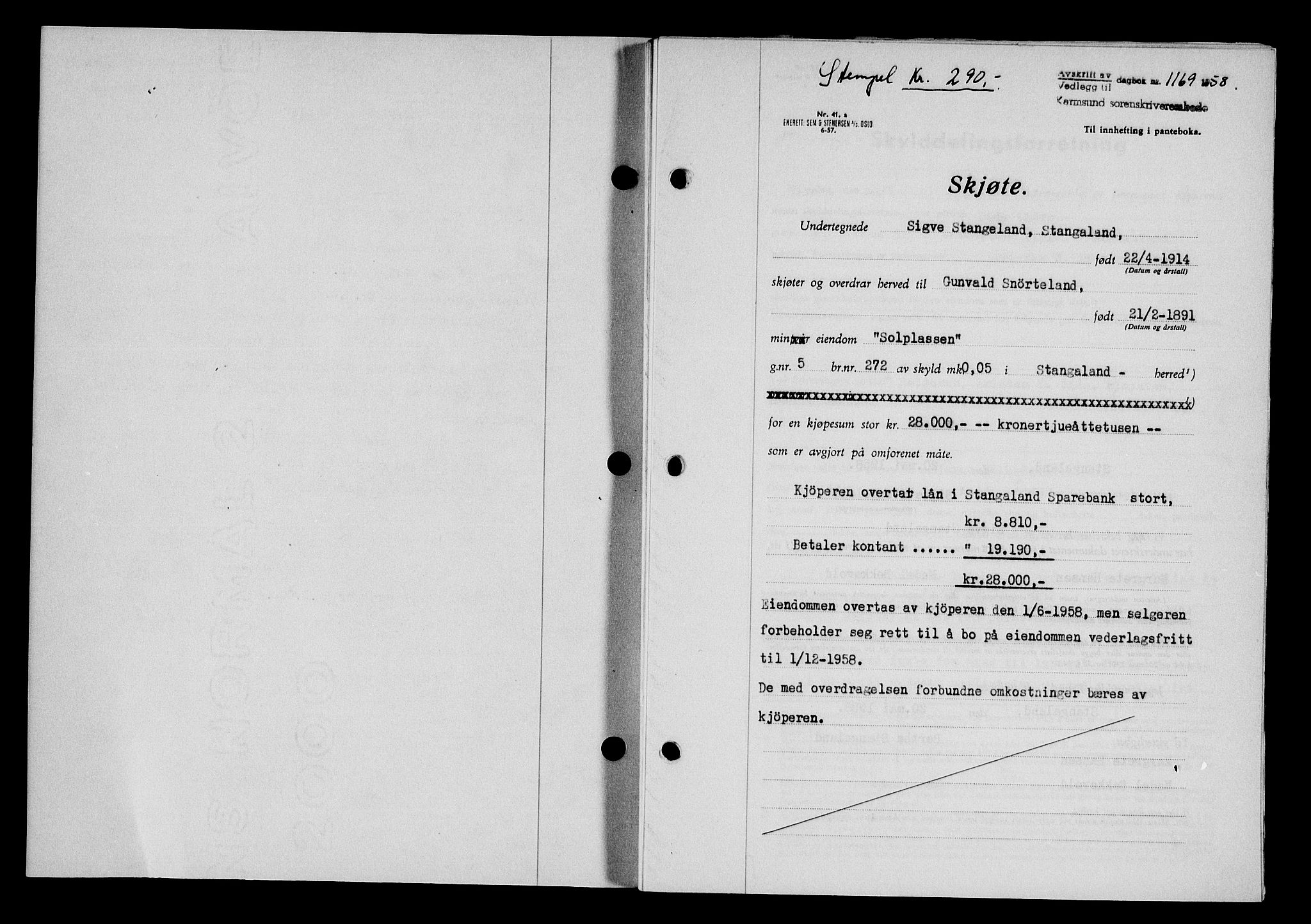 Karmsund sorenskriveri, SAST/A-100311/01/II/IIB/L0128: Pantebok nr. 108A, 1958-1958, Dagboknr: 1169/1958