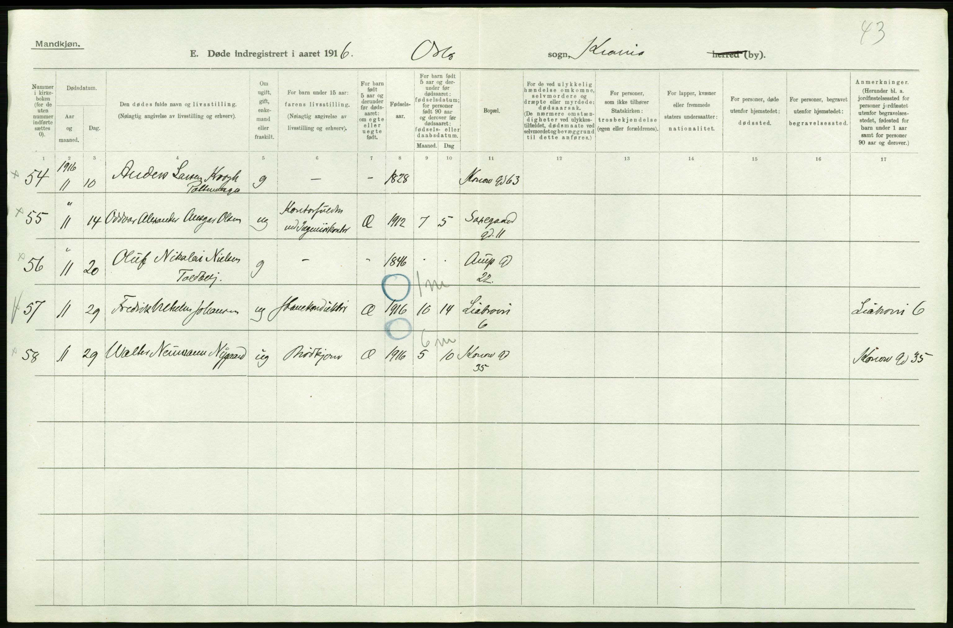 Statistisk sentralbyrå, Sosiodemografiske emner, Befolkning, AV/RA-S-2228/D/Df/Dfb/Dfbf/L0009: Kristiania: Døde., 1916, s. 424