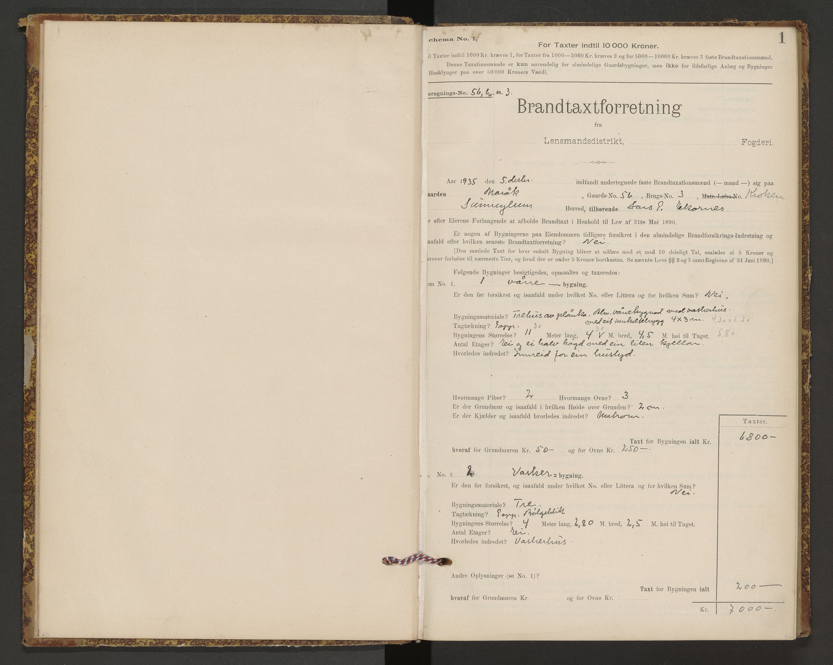 Norges Brannkasse Sunnylven, AV/SAT-A-5491/Fb/L0001: Branntakstprotokoll, 1935-1955, s. 1