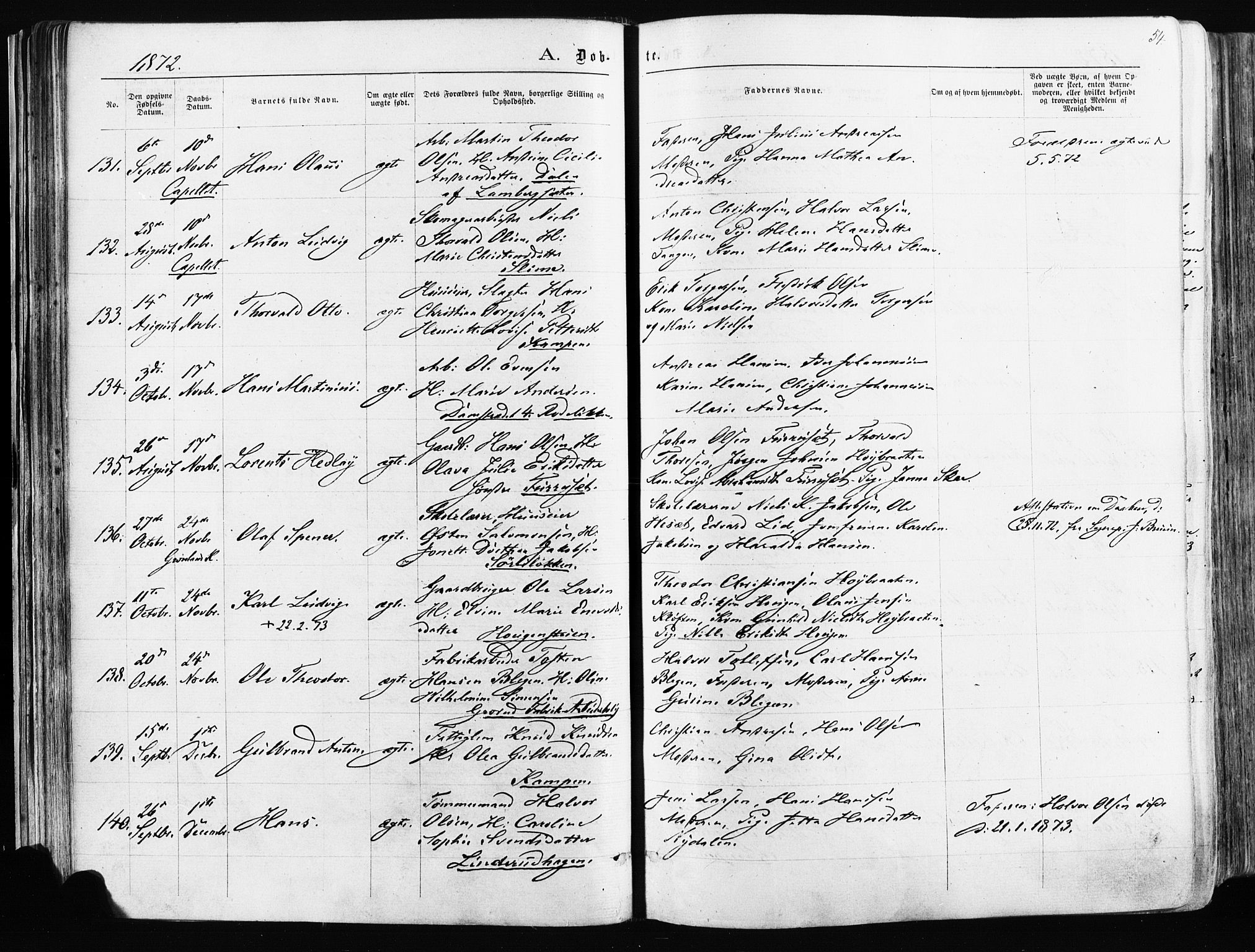 Østre Aker prestekontor Kirkebøker, AV/SAO-A-10840/F/Fa/L0003: Ministerialbok nr. I 3, 1869-1875, s. 54