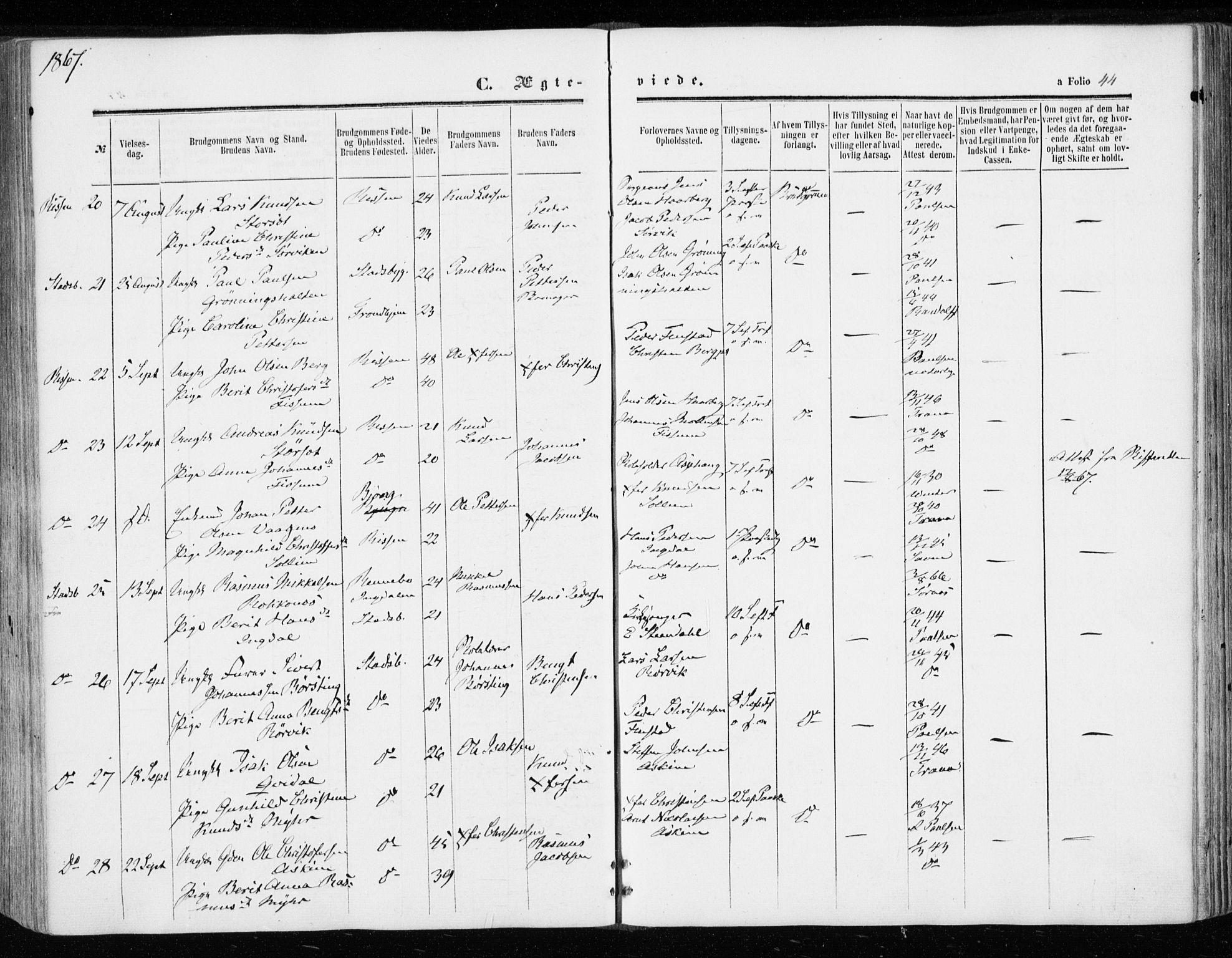 Ministerialprotokoller, klokkerbøker og fødselsregistre - Sør-Trøndelag, SAT/A-1456/646/L0612: Ministerialbok nr. 646A10, 1858-1869, s. 44