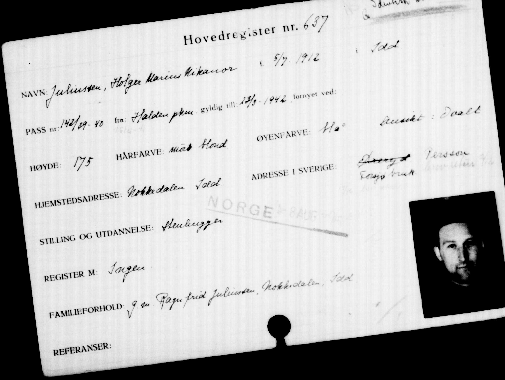 Utenriksstasjonene, Legasjonen i Stockholm, Flyktningkontoret, AV/RA-S-6753/V/Va/L0001: Kjesäterkartoteket, flyktninger med registreringsnr. 1-1000, 1940-1945, s. 994