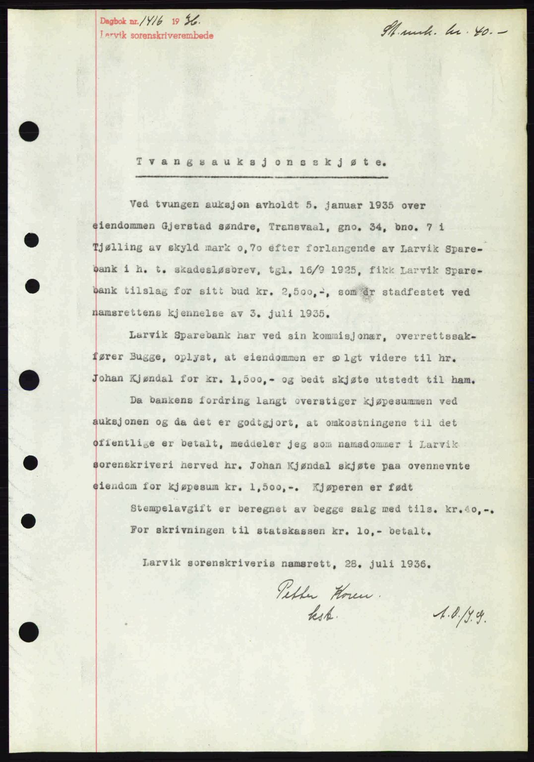 Larvik sorenskriveri, SAKO/A-83/G/Ga/Gab/L0067: Pantebok nr. A-1, 1936-1937, Dagboknr: 1416/1936