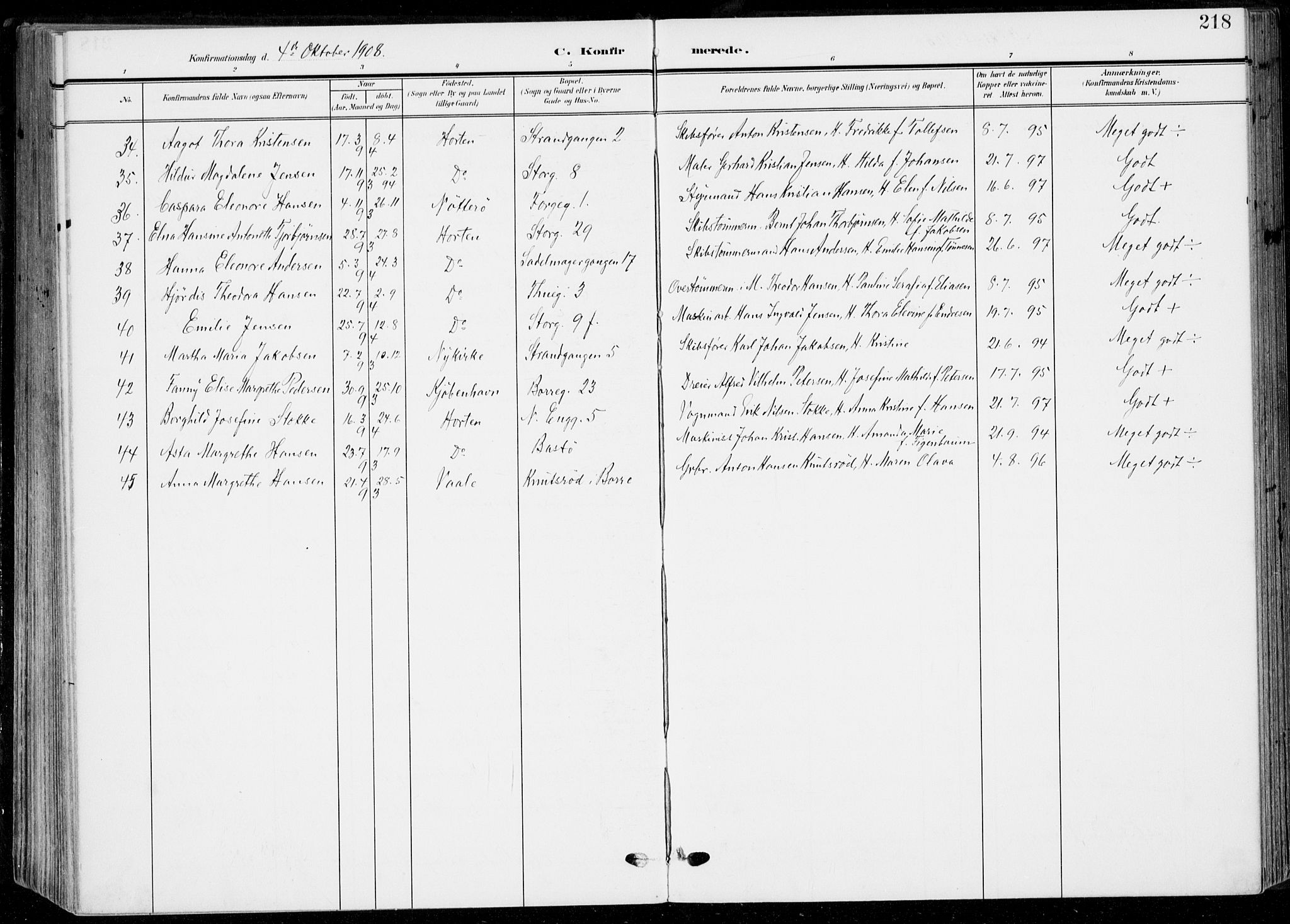 Horten kirkebøker, AV/SAKO-A-348/F/Fa/L0006: Ministerialbok nr. 6, 1905-1912, s. 218