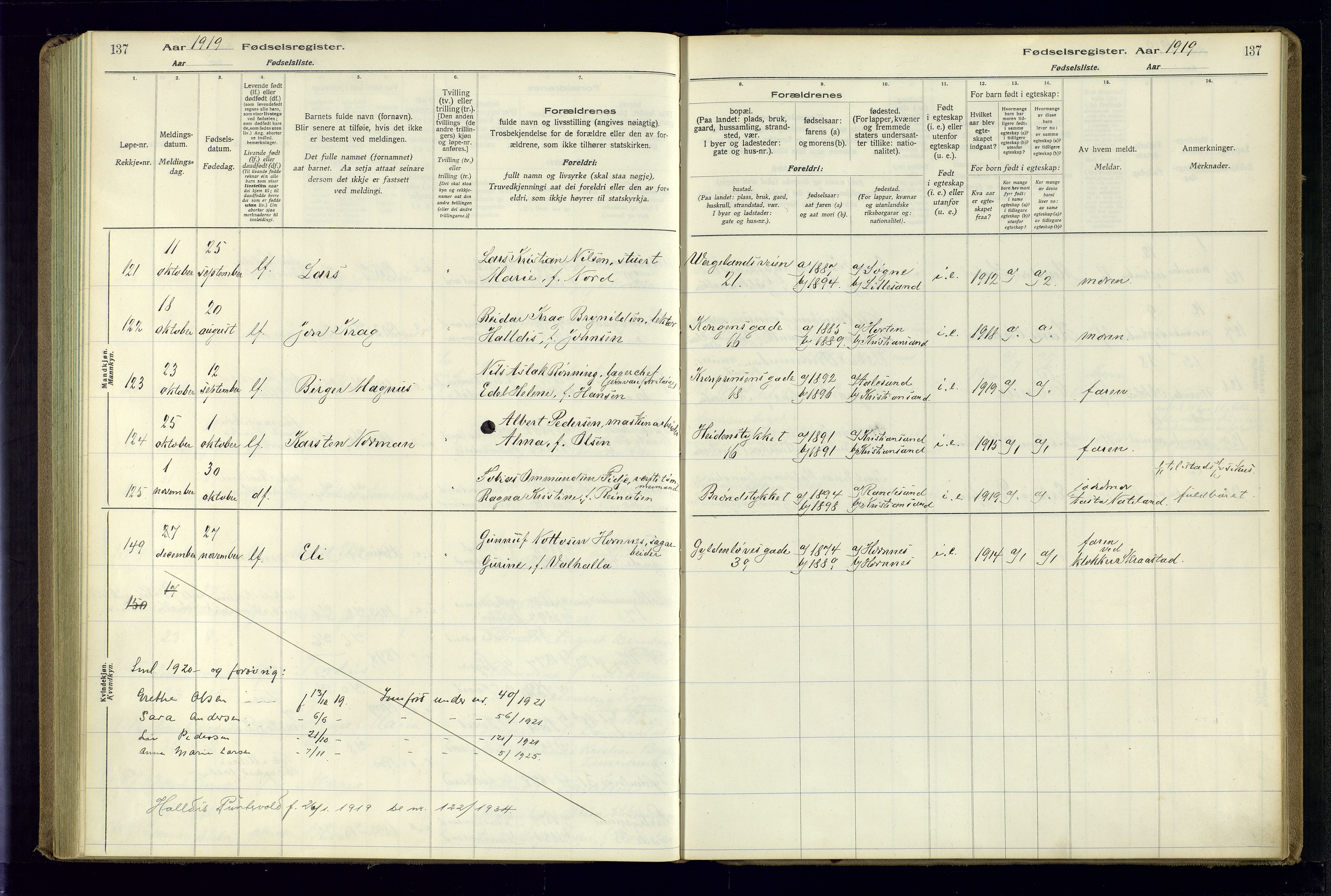 Kristiansand domprosti, AV/SAK-1112-0006/J/Jc/L0001: Fødselsregister nr. A-VI-45, 1916-1921, s. 137