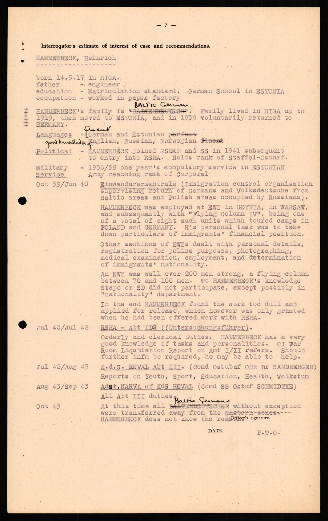 Forsvaret, Forsvarets overkommando II, AV/RA-RAFA-3915/D/Db/L0011: CI Questionaires. Tyske okkupasjonsstyrker i Norge. Tyskere., 1945-1946, s. 438