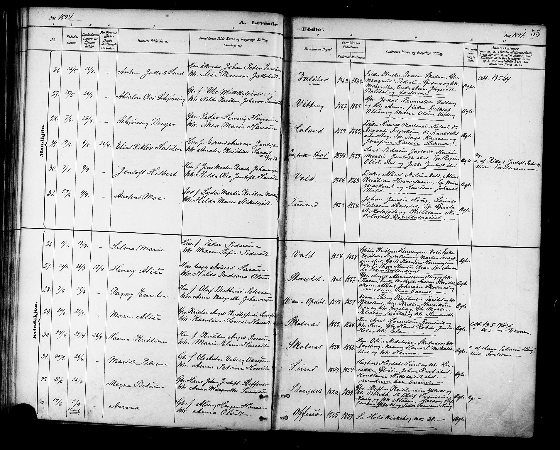 Ministerialprotokoller, klokkerbøker og fødselsregistre - Nordland, SAT/A-1459/881/L1167: Klokkerbok nr. 881C04, 1886-1899, s. 55