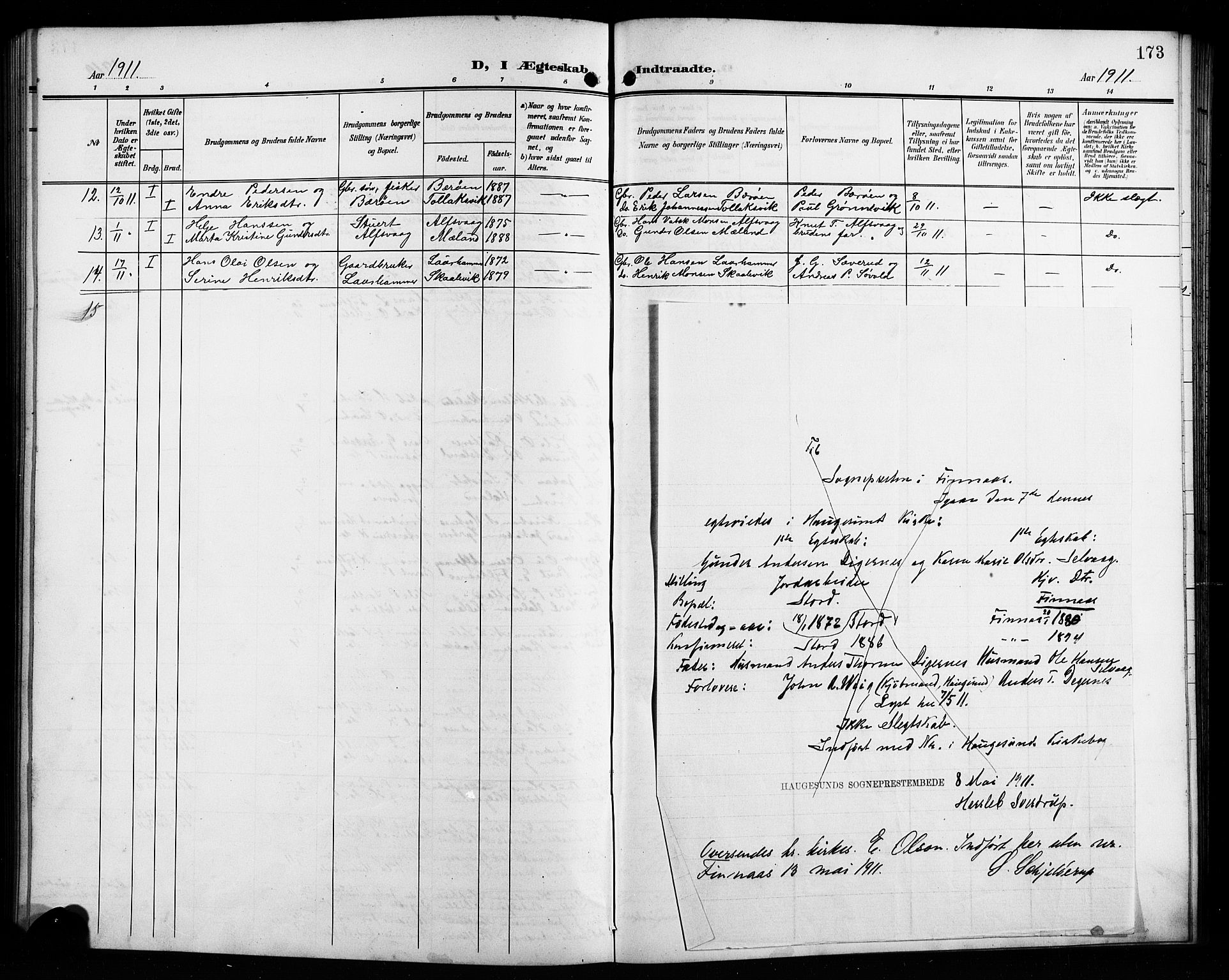 Finnås sokneprestembete, AV/SAB-A-99925/H/Ha/Hab/Habb/L0005: Klokkerbok nr. B 5, 1907-1920, s. 173